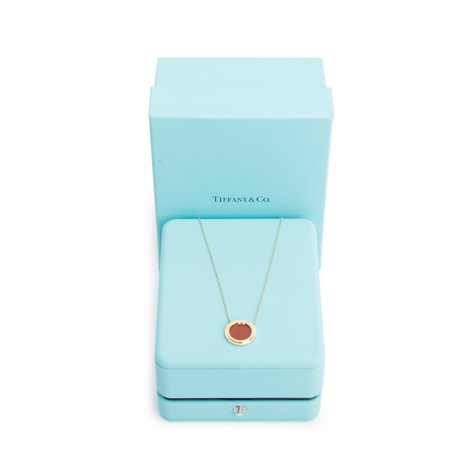 Tiffany & Co. 18k Yellow Gold Diamond and Carnelian 16 MM Circle Pendant Necklace w/ Box