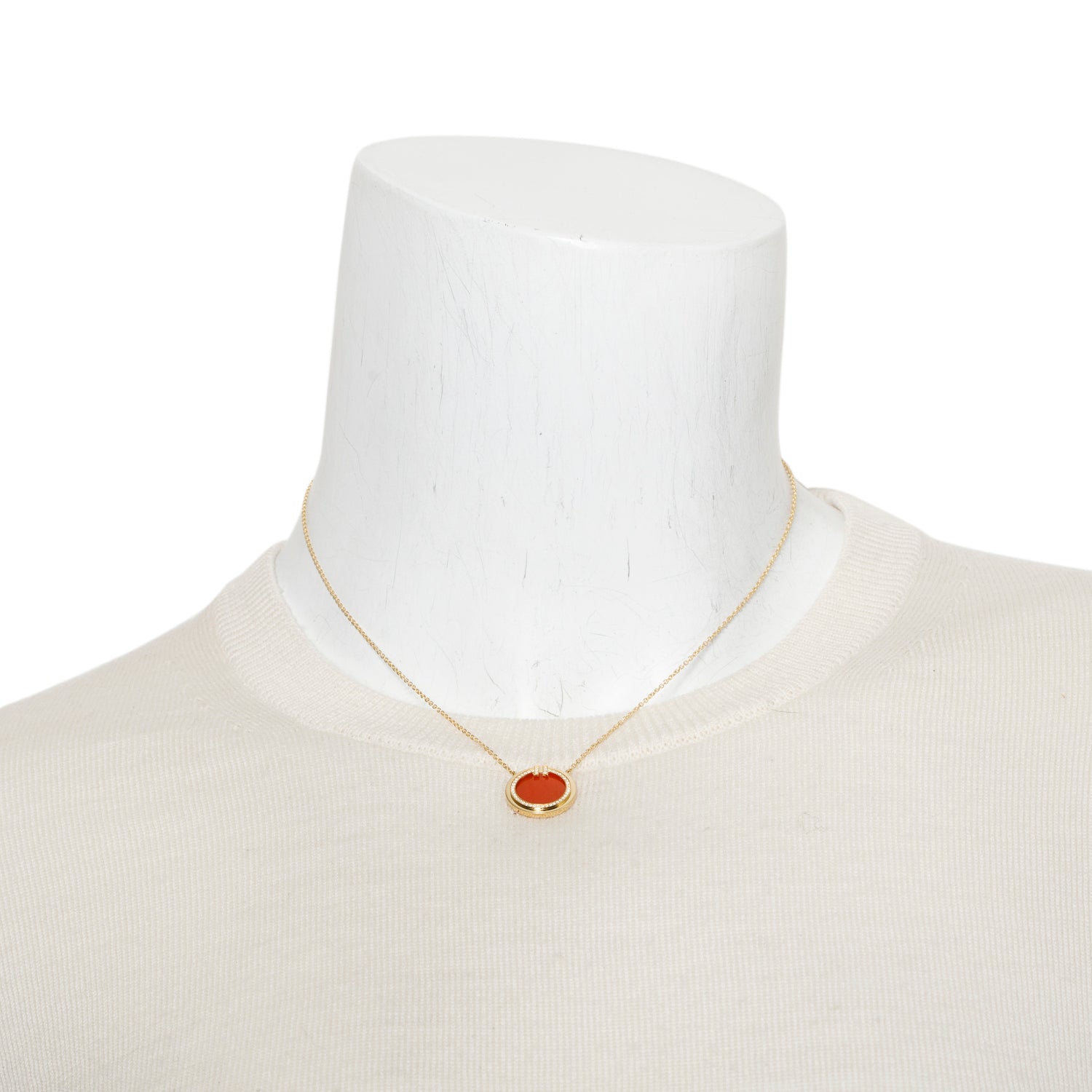 Tiffany & Co. 18k Yellow Gold Diamond and Carnelian 16 MM Circle Pendant Necklace w/ Box