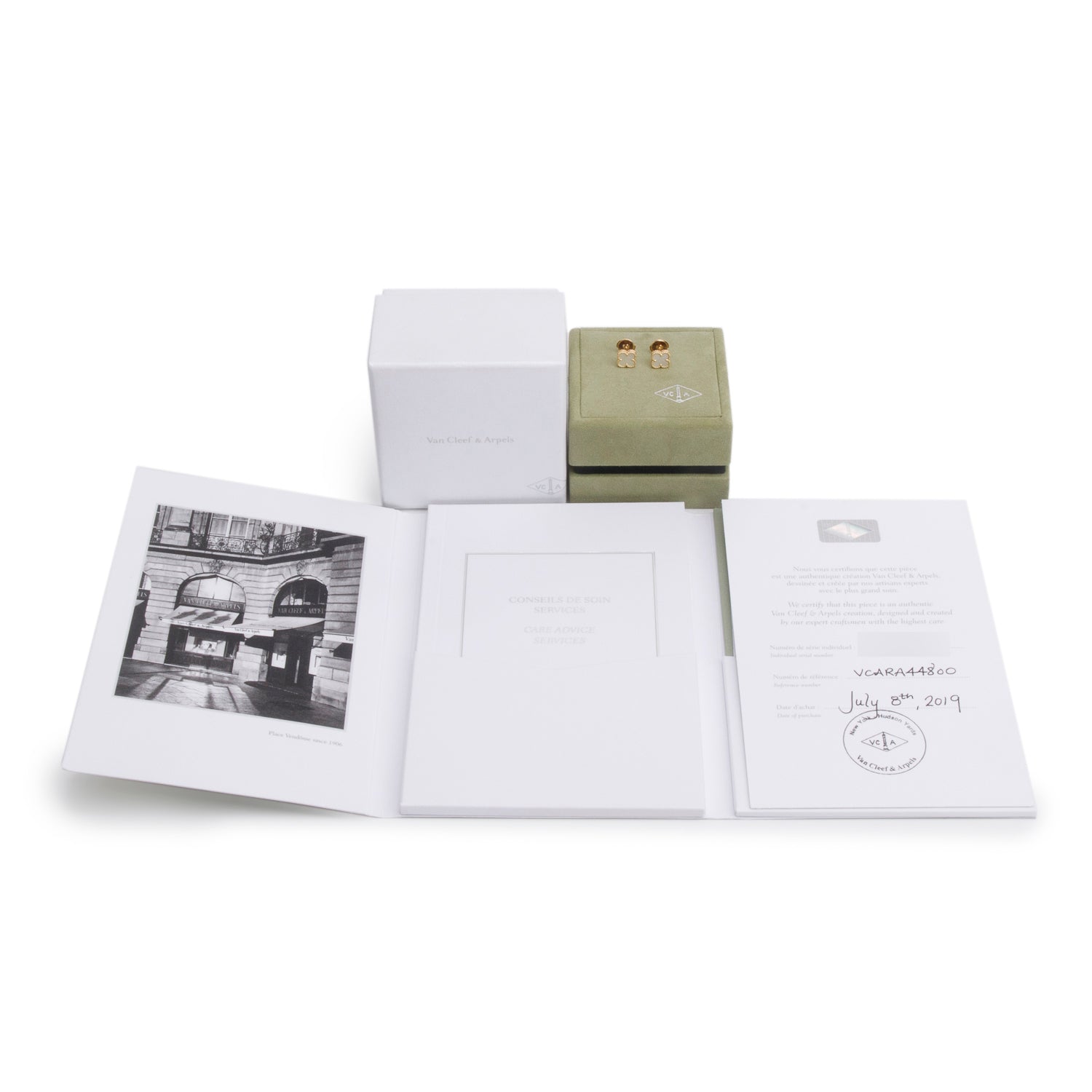 Van Cleef & Arpels 18k Yellow Gold Sweet Alhambra Mother of Pearl Stud Earrings w/ Box, Receipt & Certificate