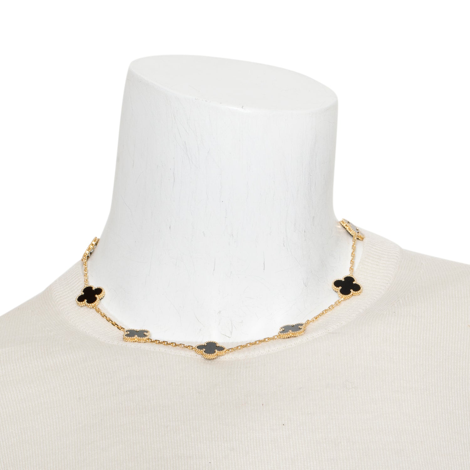 Van Cleef & Arpels 2020 18k Yellow Gold Vintage Alhambra 10 Motif Onyx Necklace w/ Box, Receipt & Certificate