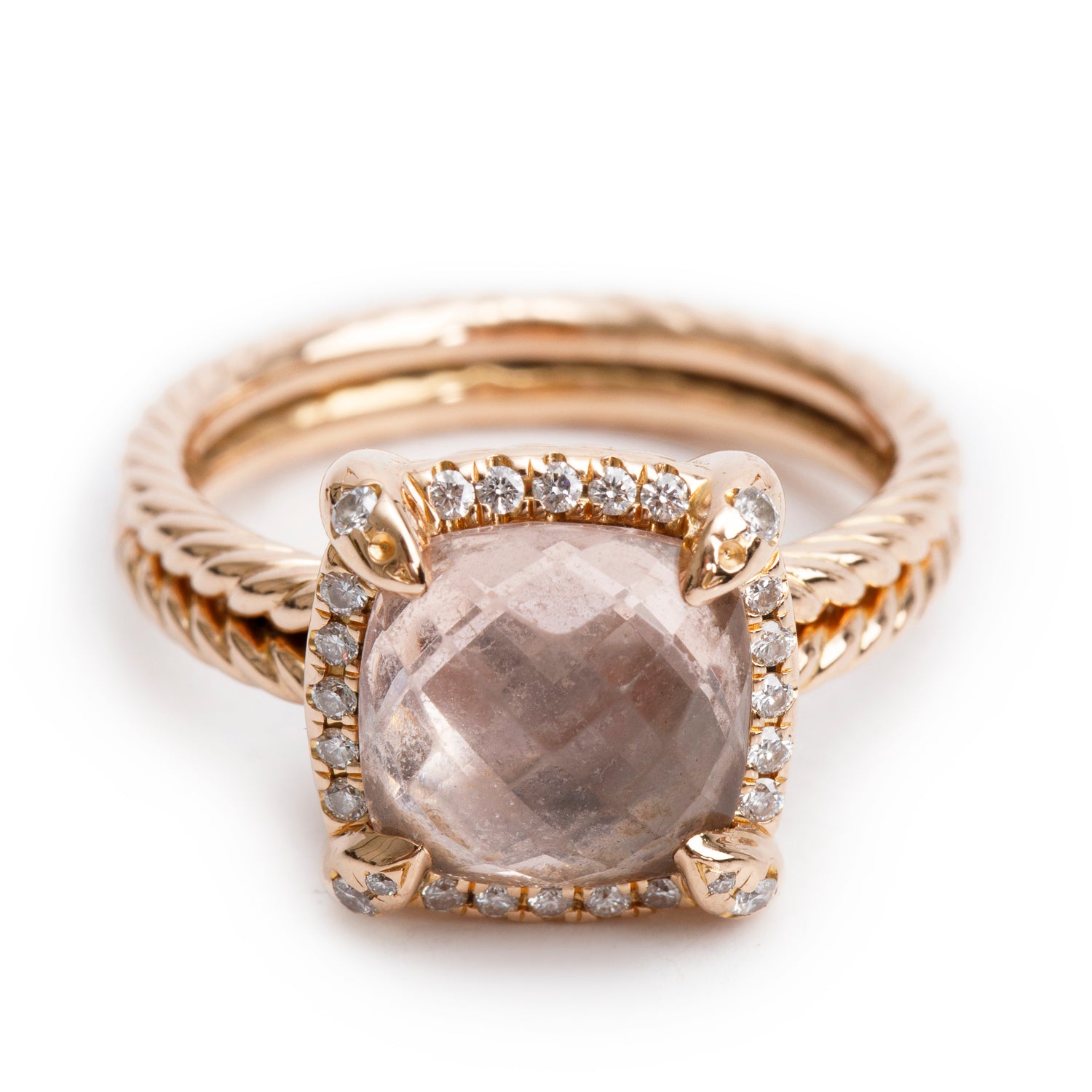 David Yurman 18k Rose Gold 9 MM Morganite & Diamond Chatelaine Ring, Size 6 w/ Box & Receipt