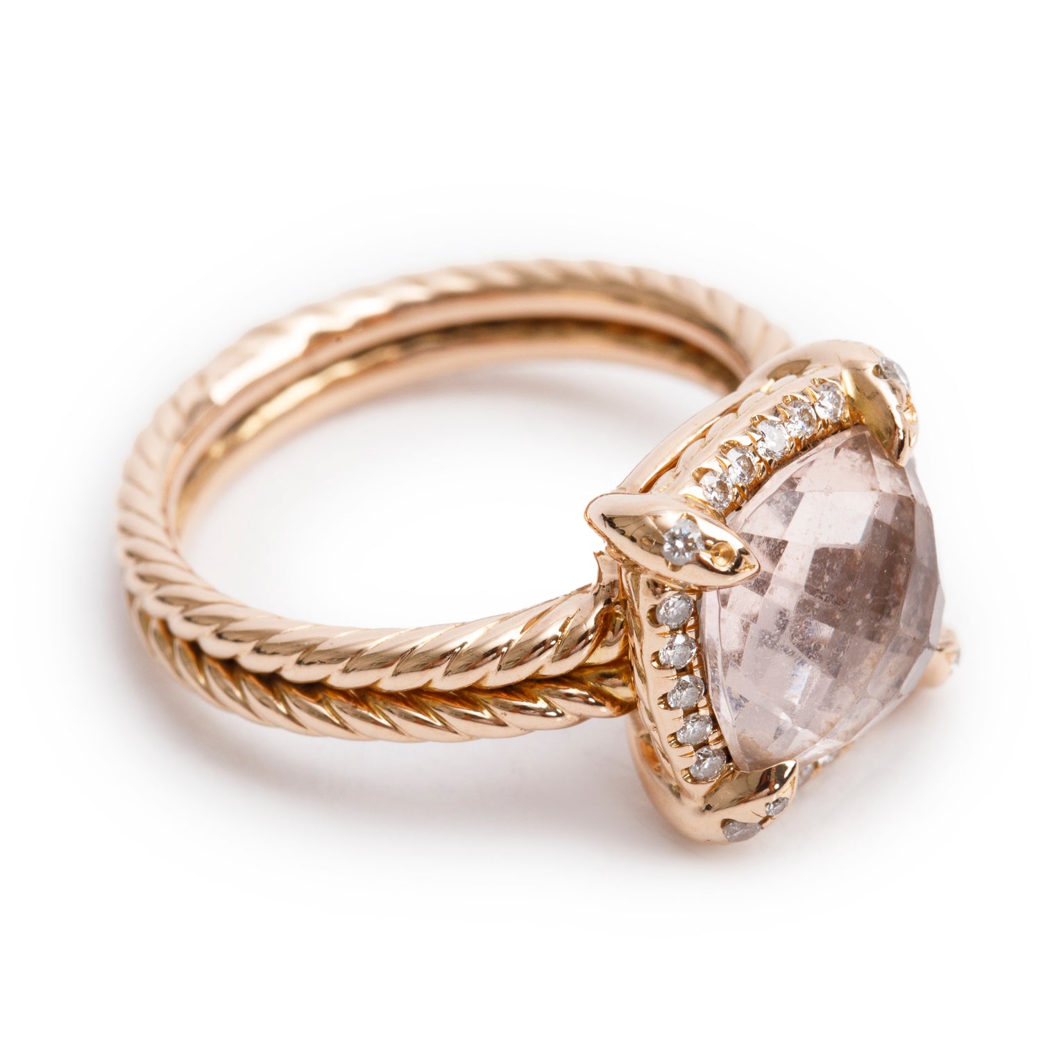 David Yurman 18k Rose Gold 9 MM Morganite & Diamond Chatelaine Ring, Size 6 w/ Box & Receipt