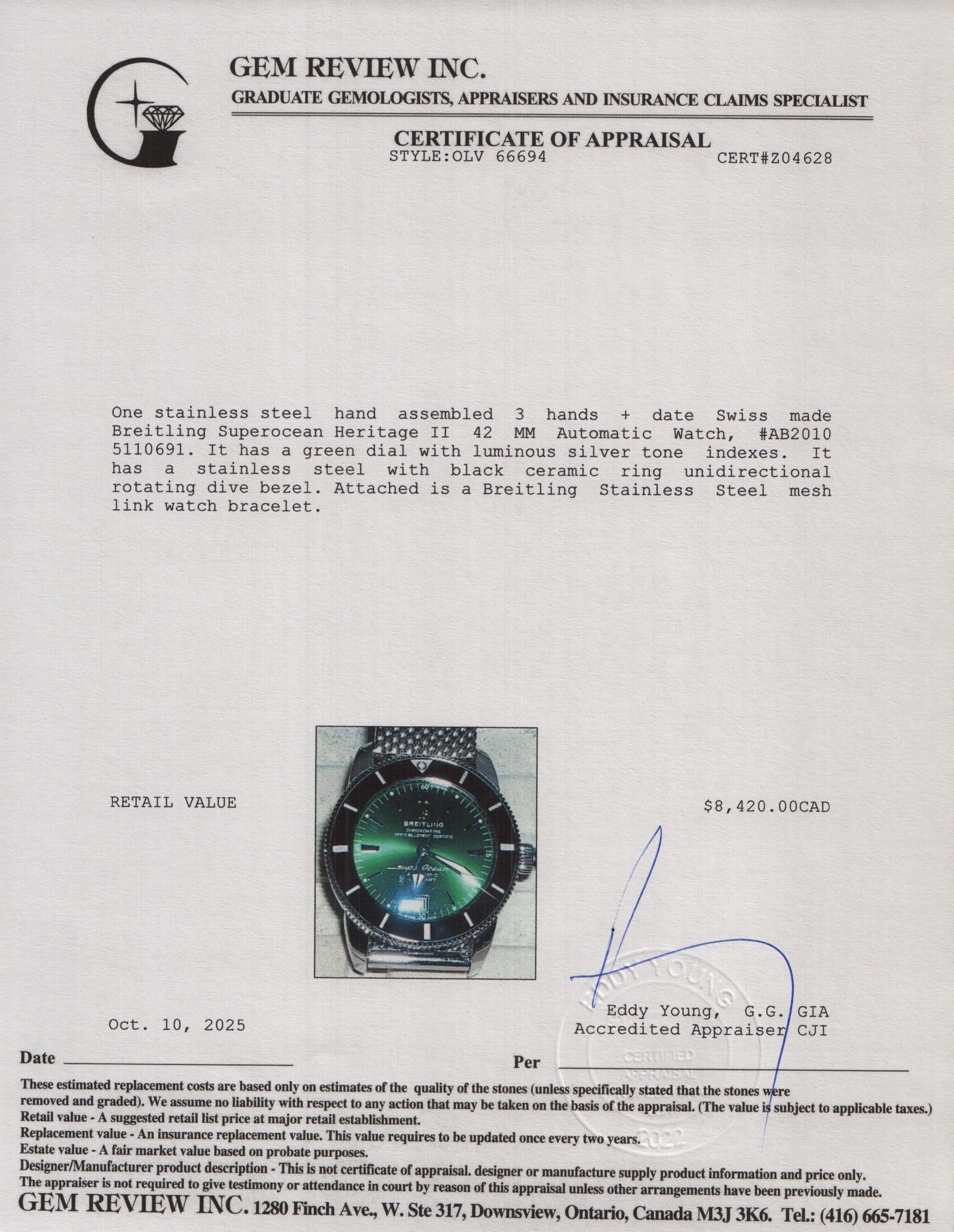 Breitling Stainless Steel Superocean Heritage II 42 MM Automatic Watch Green Dial AB2010