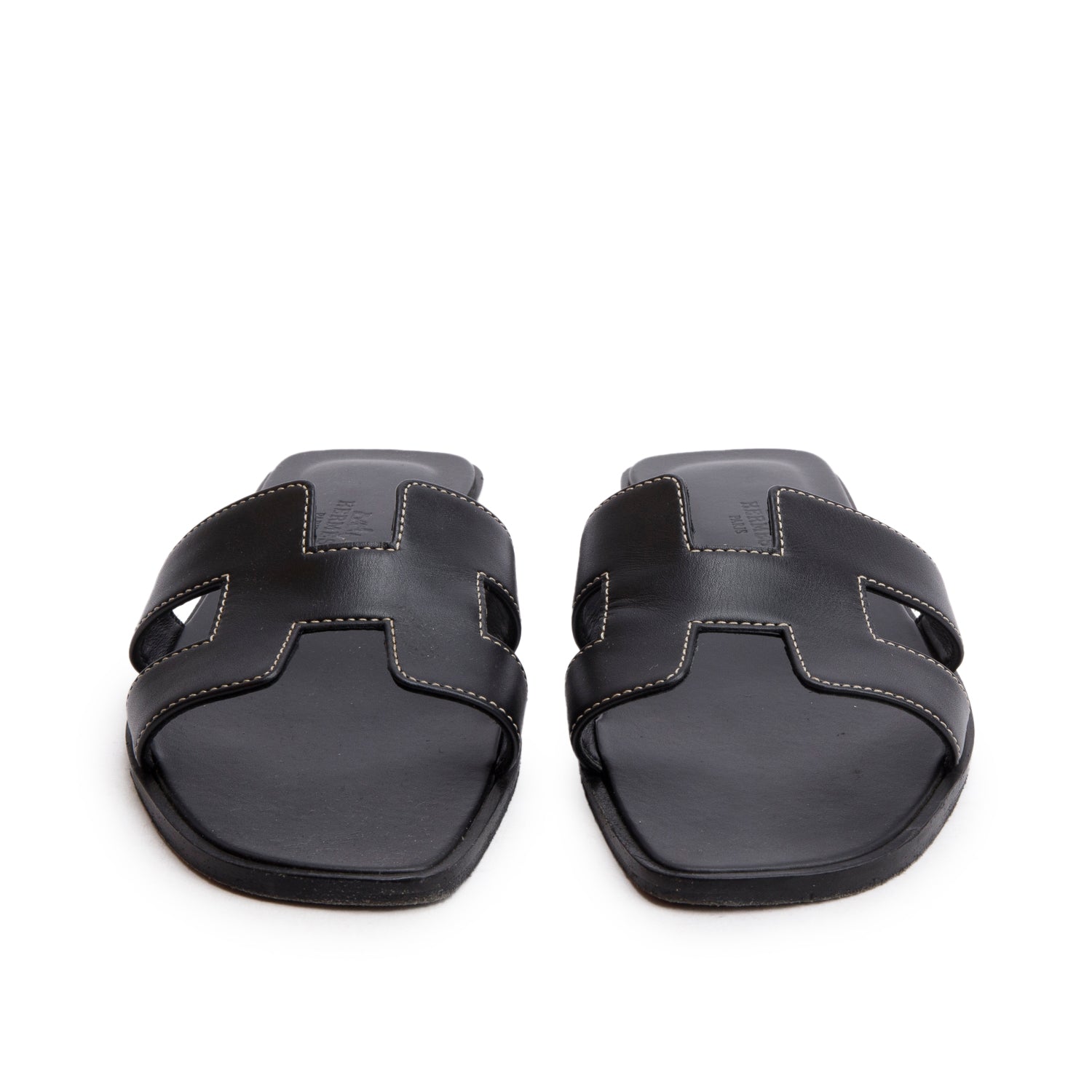 Hermes Black Box Leather Oran Sandals, Size 37 w/ Box