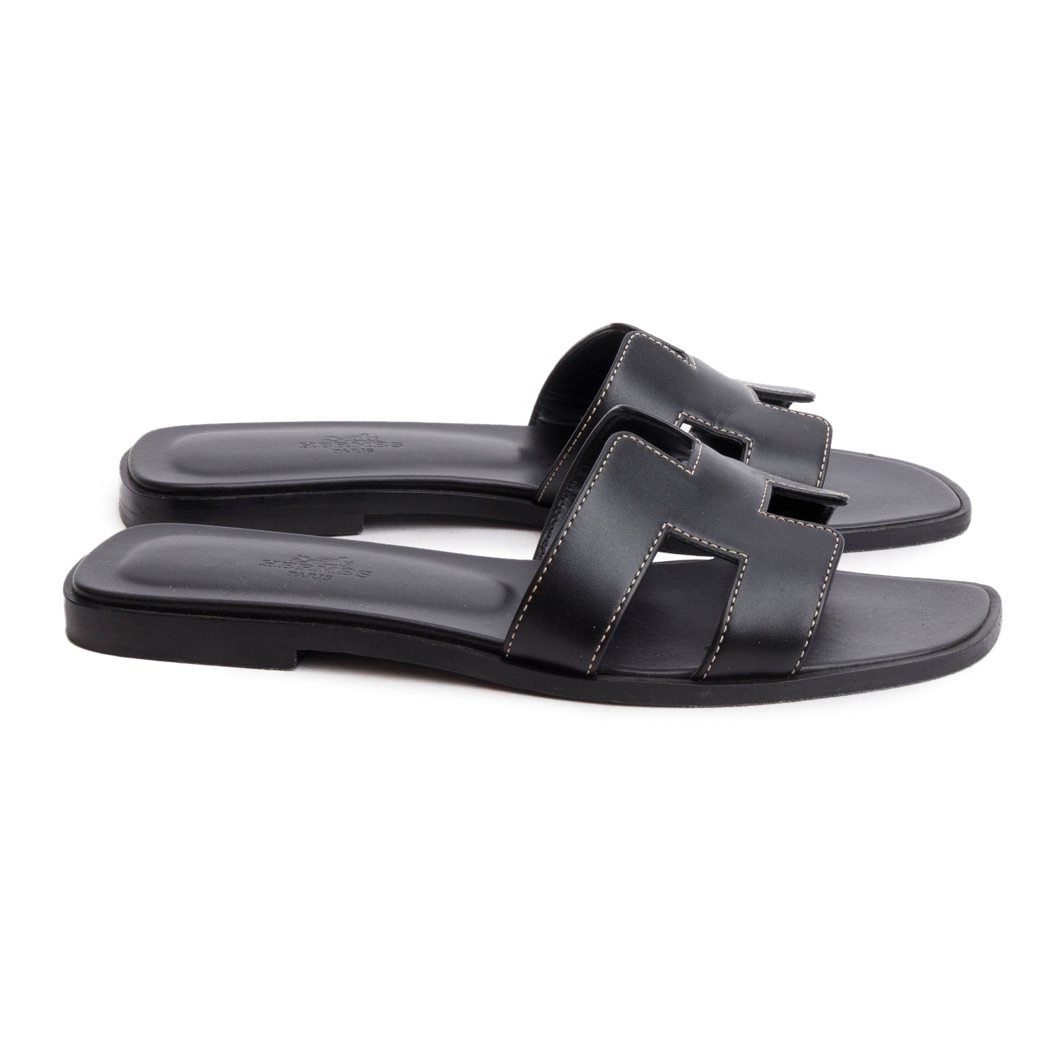 Hermes Black Box Leather Oran Sandals, Size 37 w/ Box