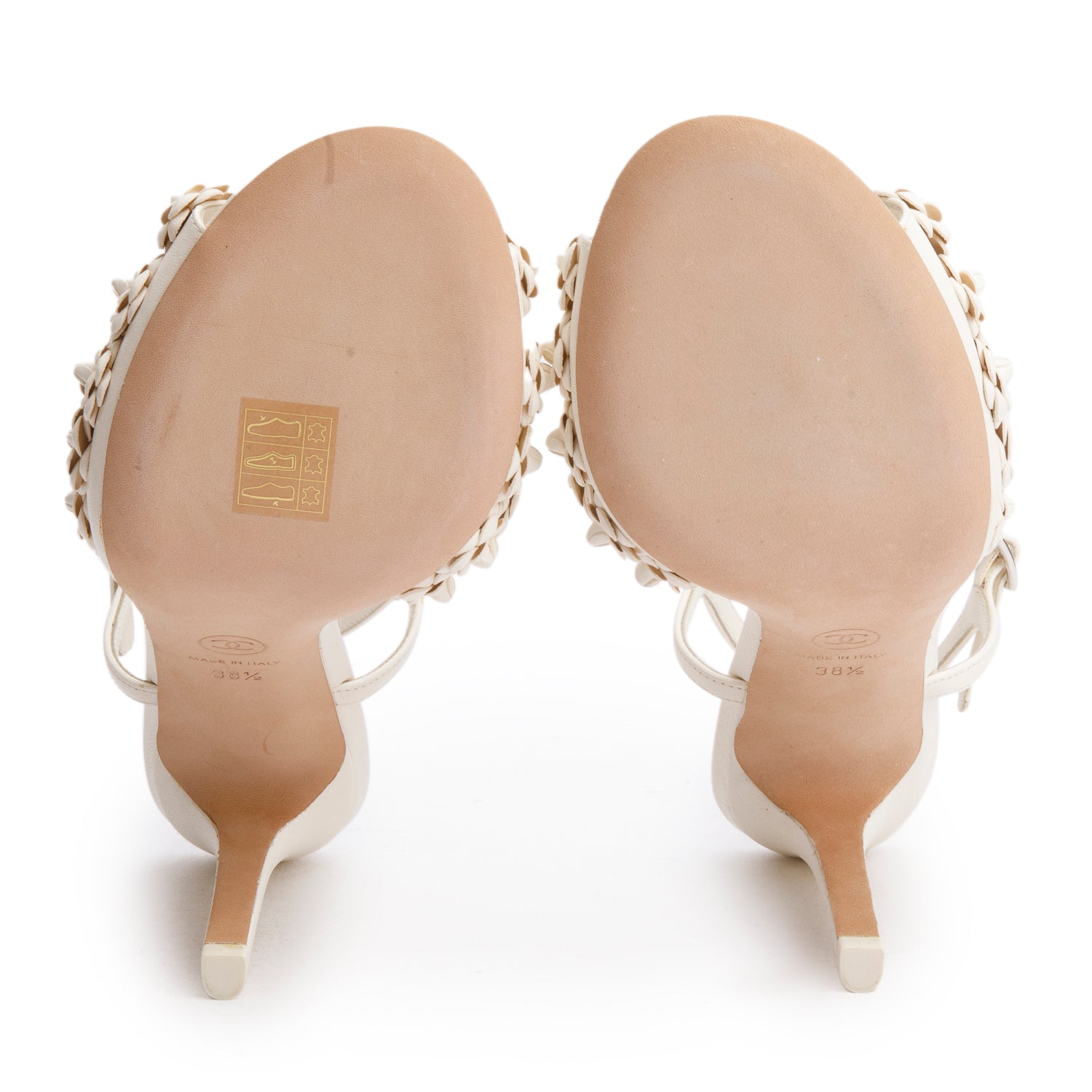 Chanel White Leather CC Camellia Slingback Sandals, Size 38.5 w/ Box