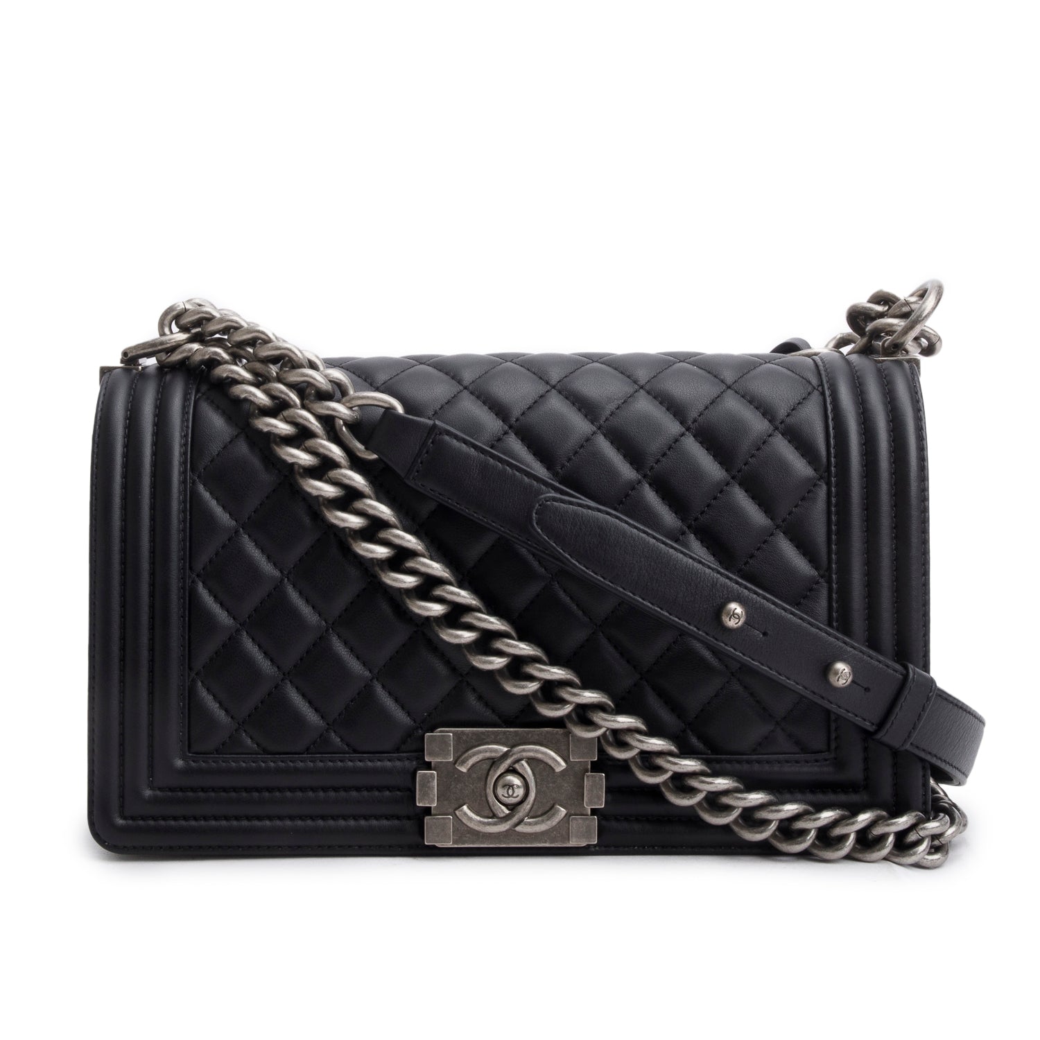Chanel Black Quilted Lambskin Leather Medium Boy Bag w/ Authenticity Card