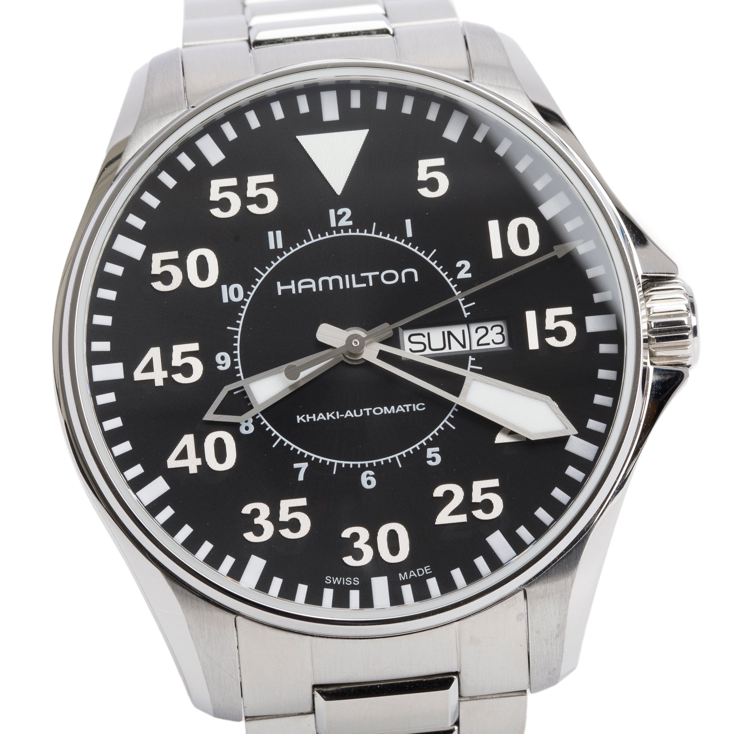 Hamilton Stainless Steel Khaki Aviation Night Pilot Day Date 46 MM Automatic Watch H647150 w/ Box