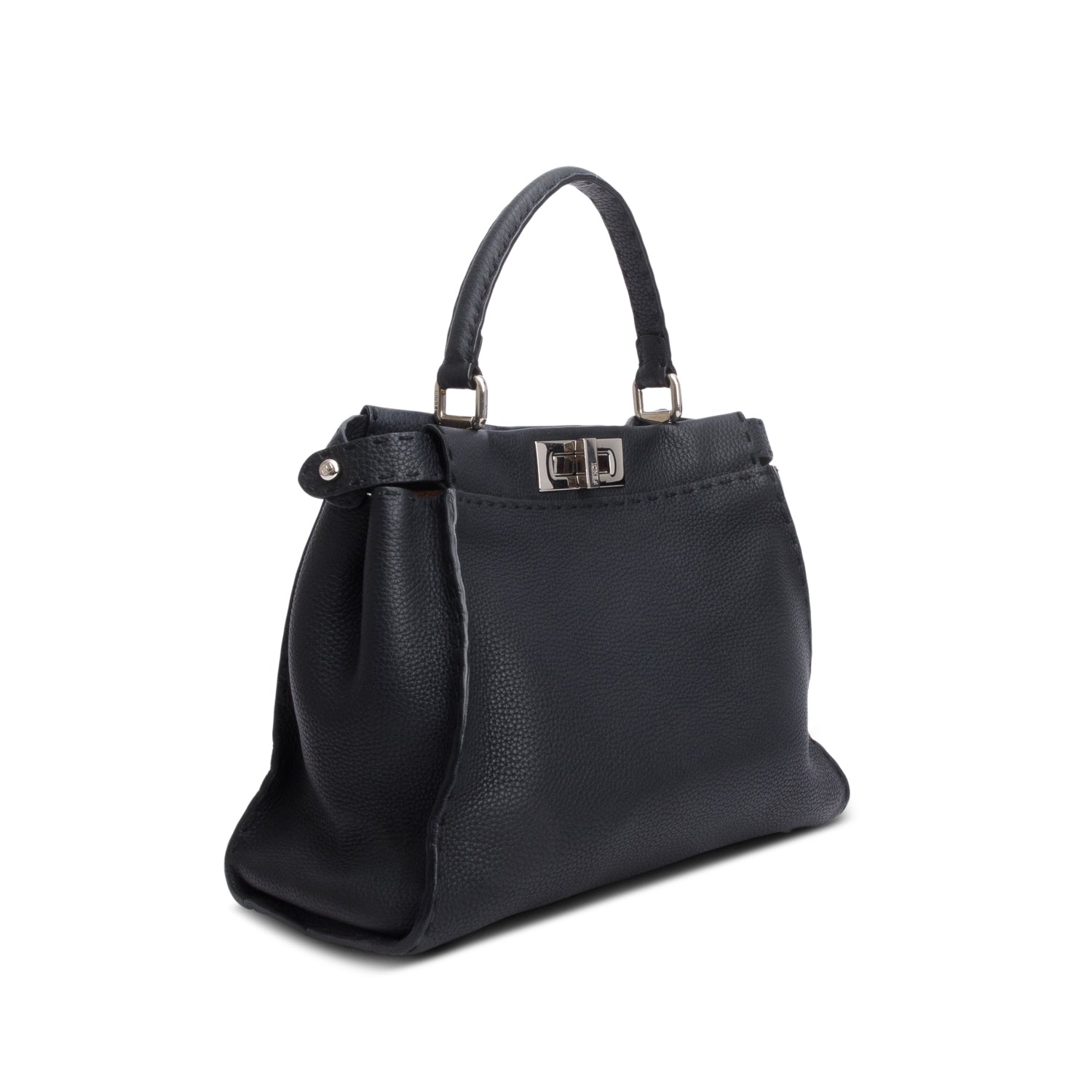 Fendi Black Cuioio Romano Selleria Medium Peekaboo Iconic Satchel w/ Strap