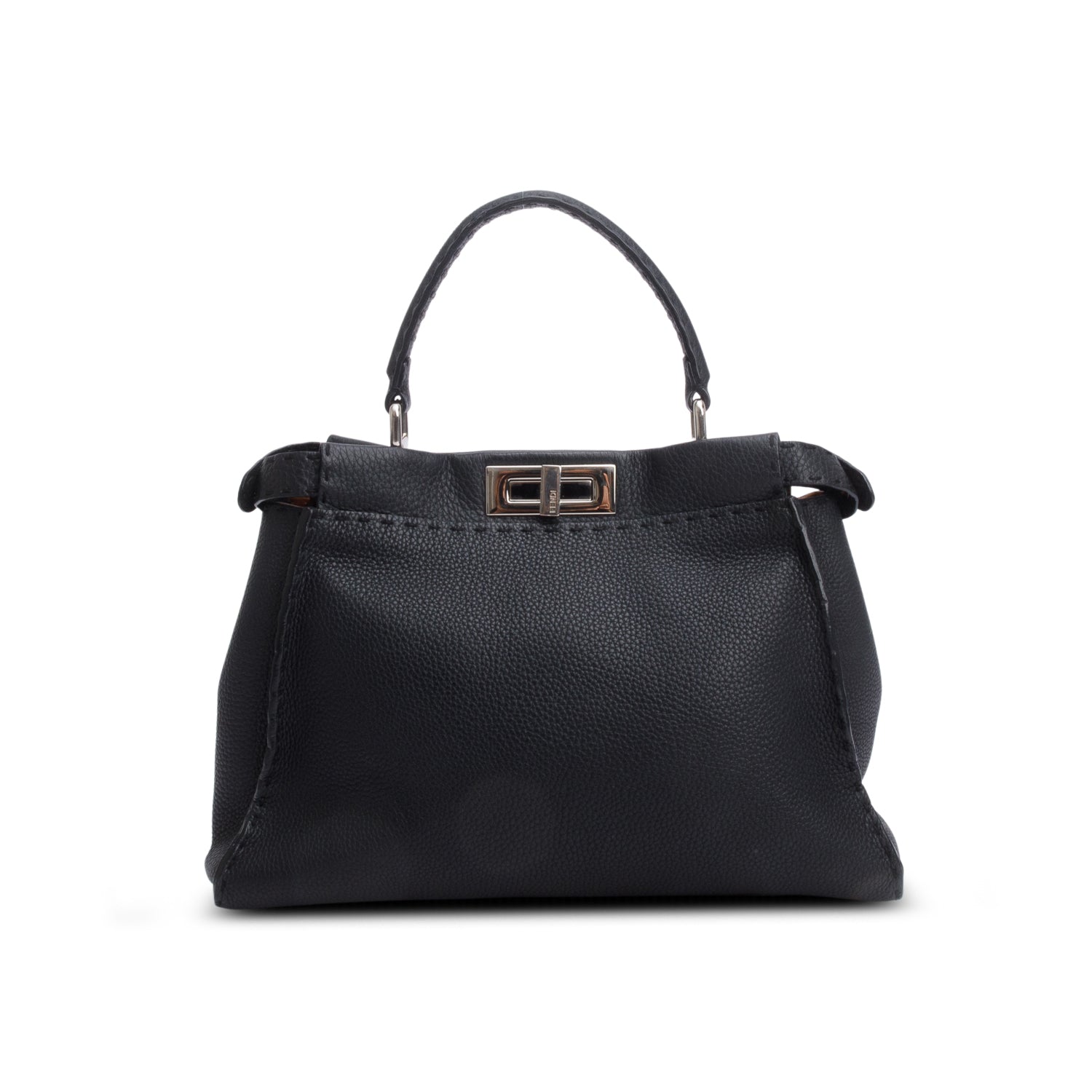 Fendi Black Cuioio Romano Selleria Medium Peekaboo Iconic Satchel w/ Strap