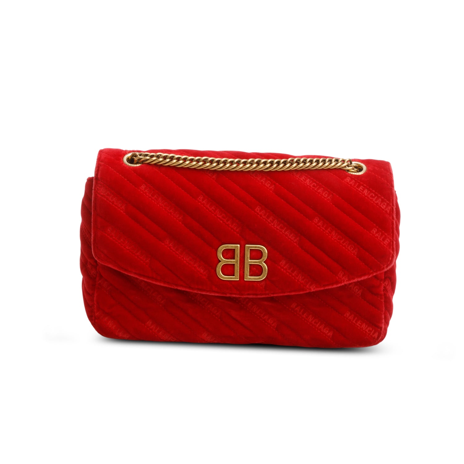 Balenciaga Red Velvet Logo Matelasse BB Chain Shoulder Bag