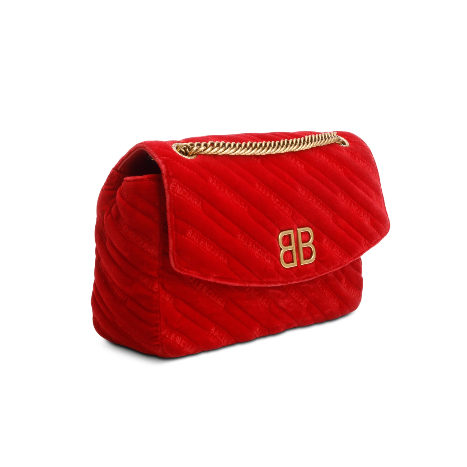 Balenciaga Red Velvet Logo Matelasse BB Chain Shoulder Bag