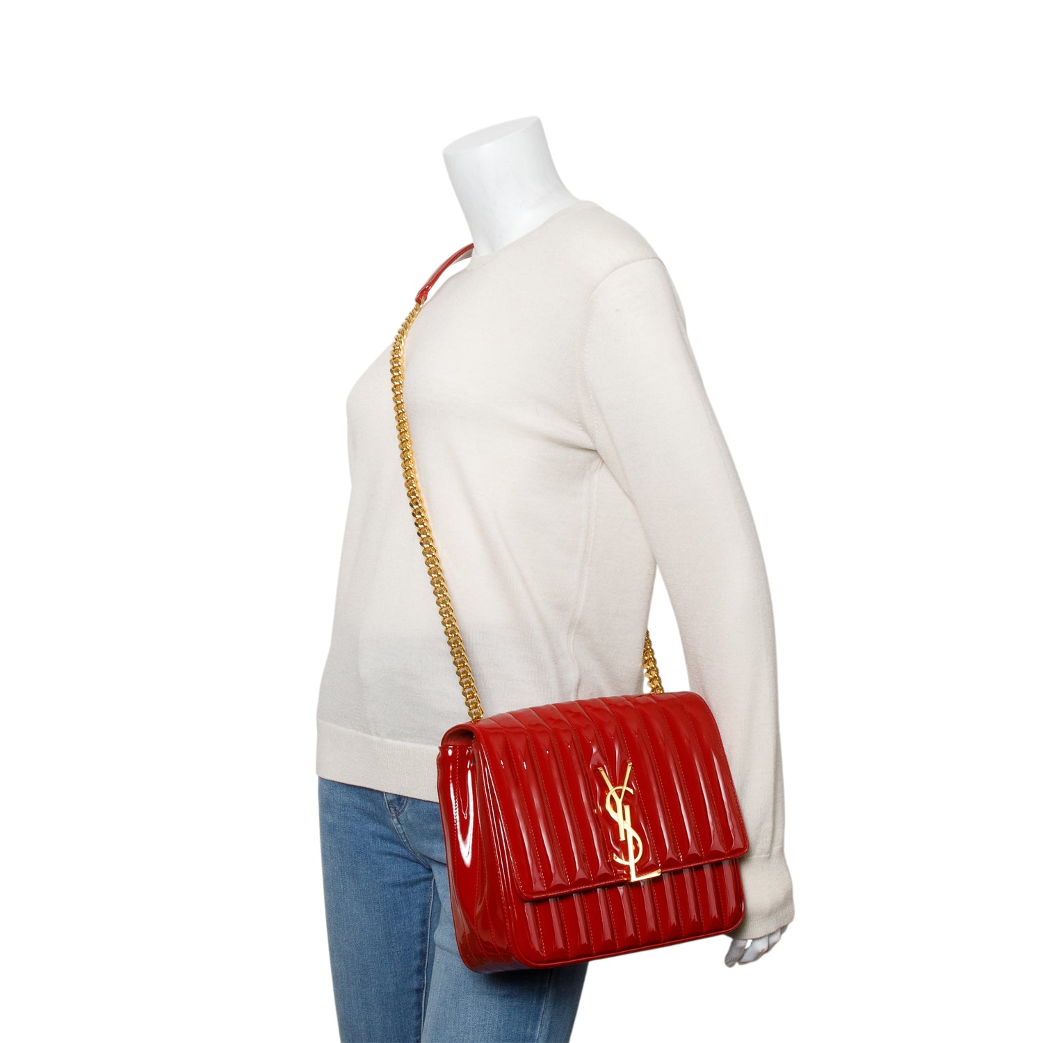 Saint Laurent Red Patent Leather Matelasse Monogram Large Vicky Chain Bag