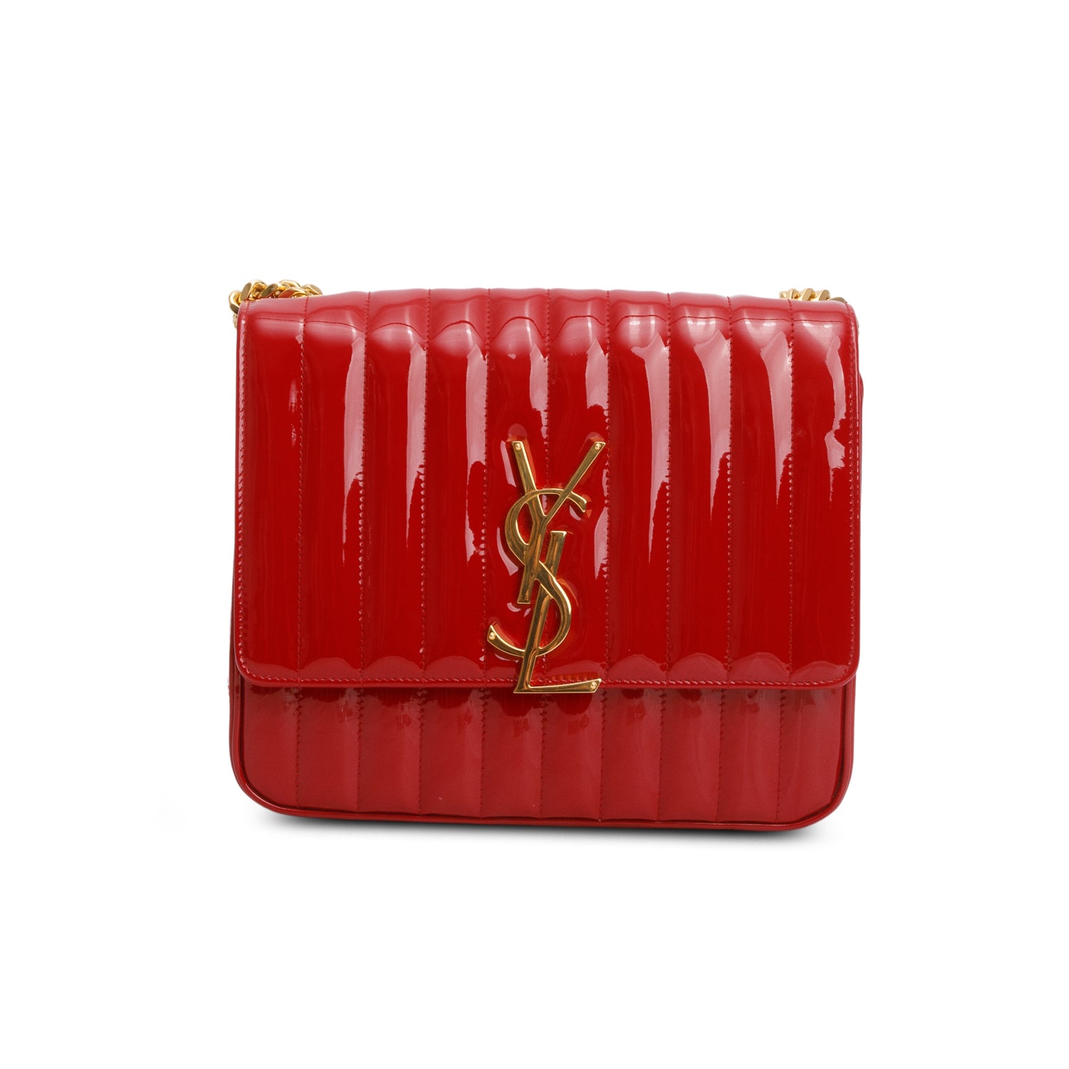 Saint Laurent Red Patent Leather Matelasse Monogram Large Vicky Chain Bag
