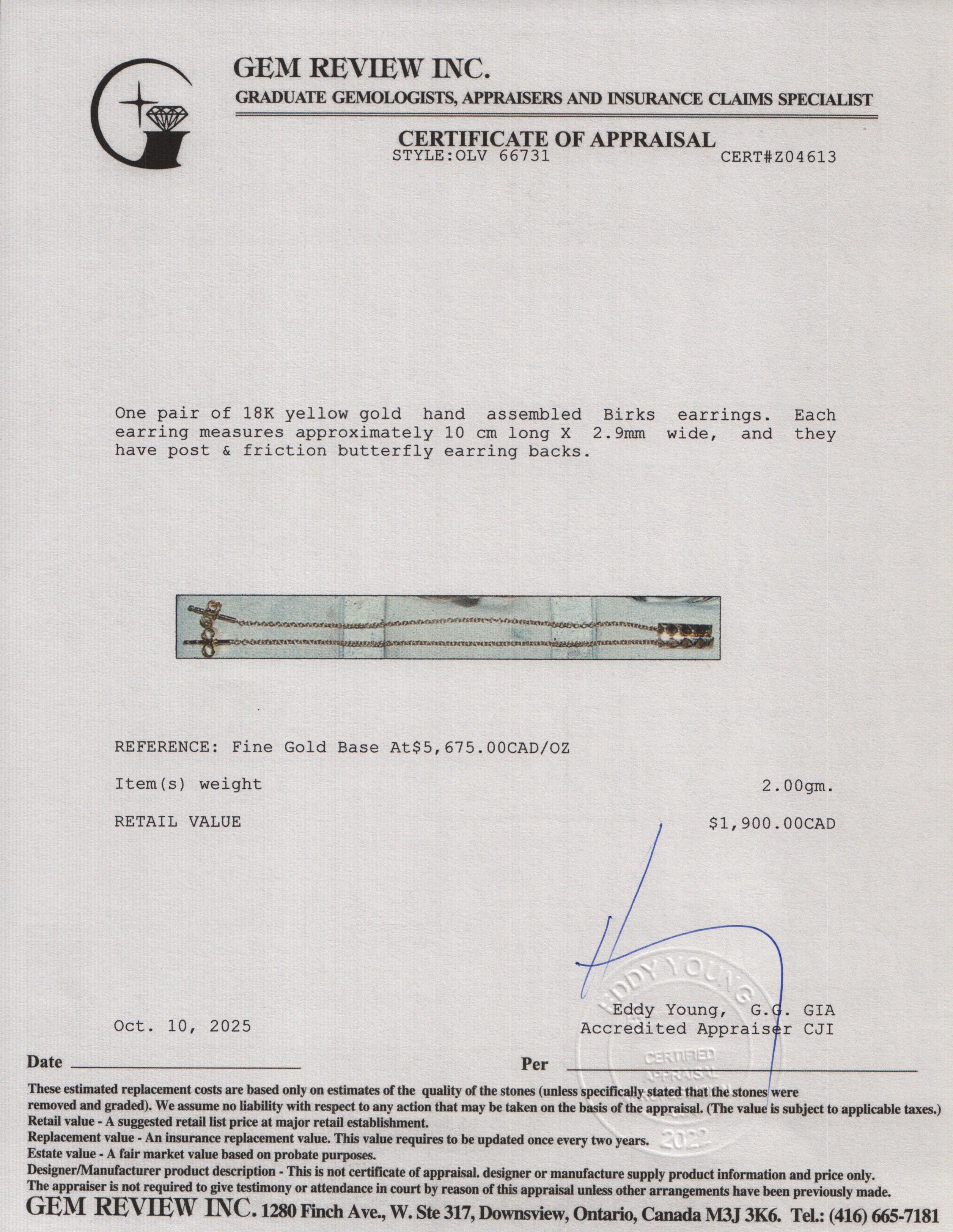 Birks 18k Yellow Gold Bar Chain Drop Earrings