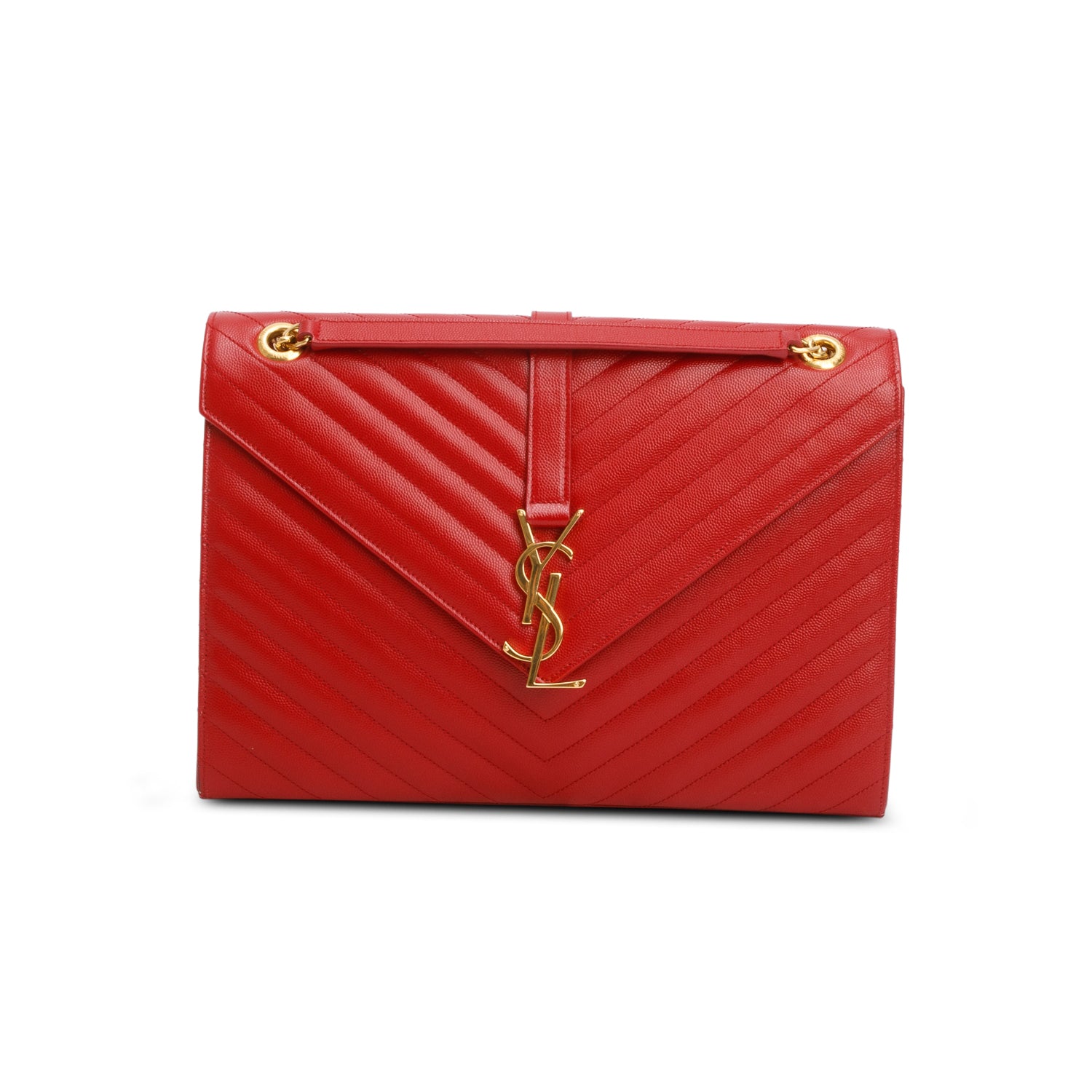 Saint Laurent Red Chevron Grain De Poudre Leather Large Envelope Chain Bag