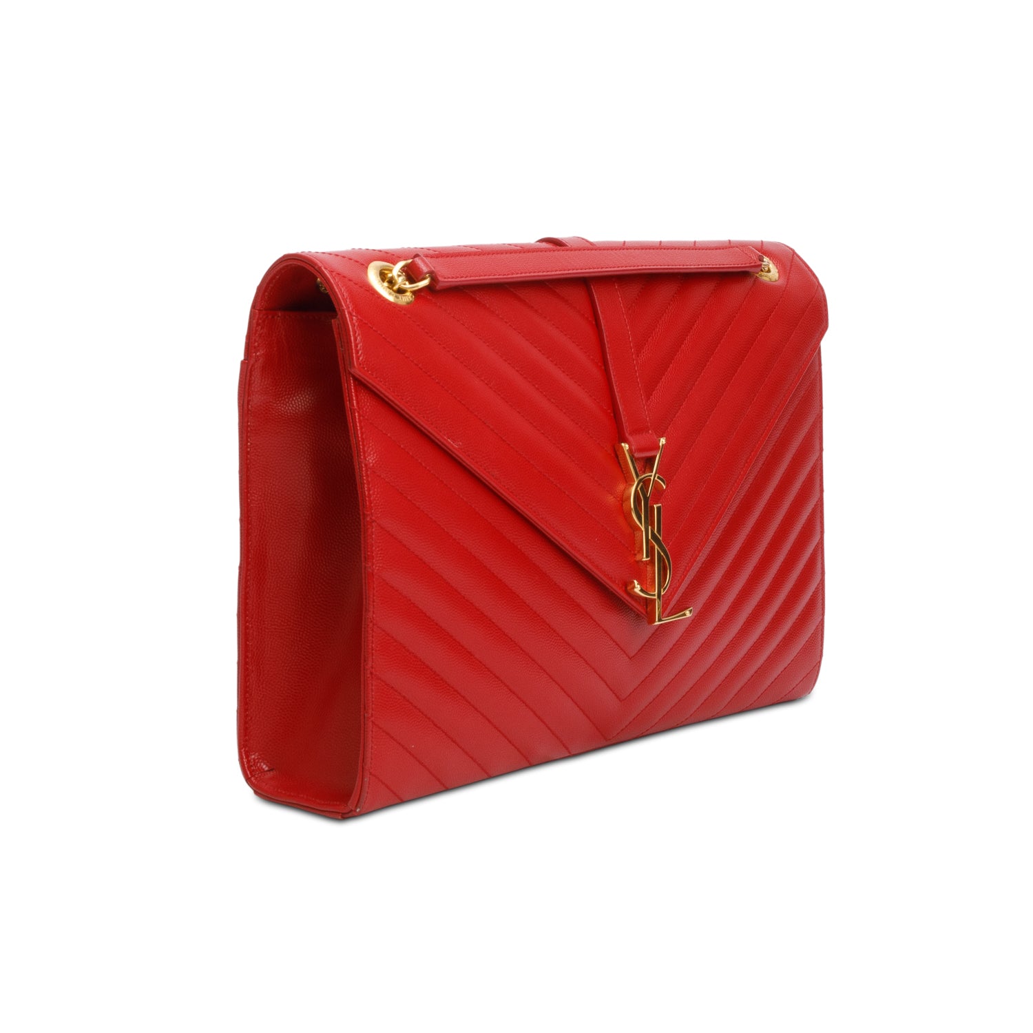 Saint Laurent Red Chevron Grain De Poudre Leather Large Envelope Chain Bag