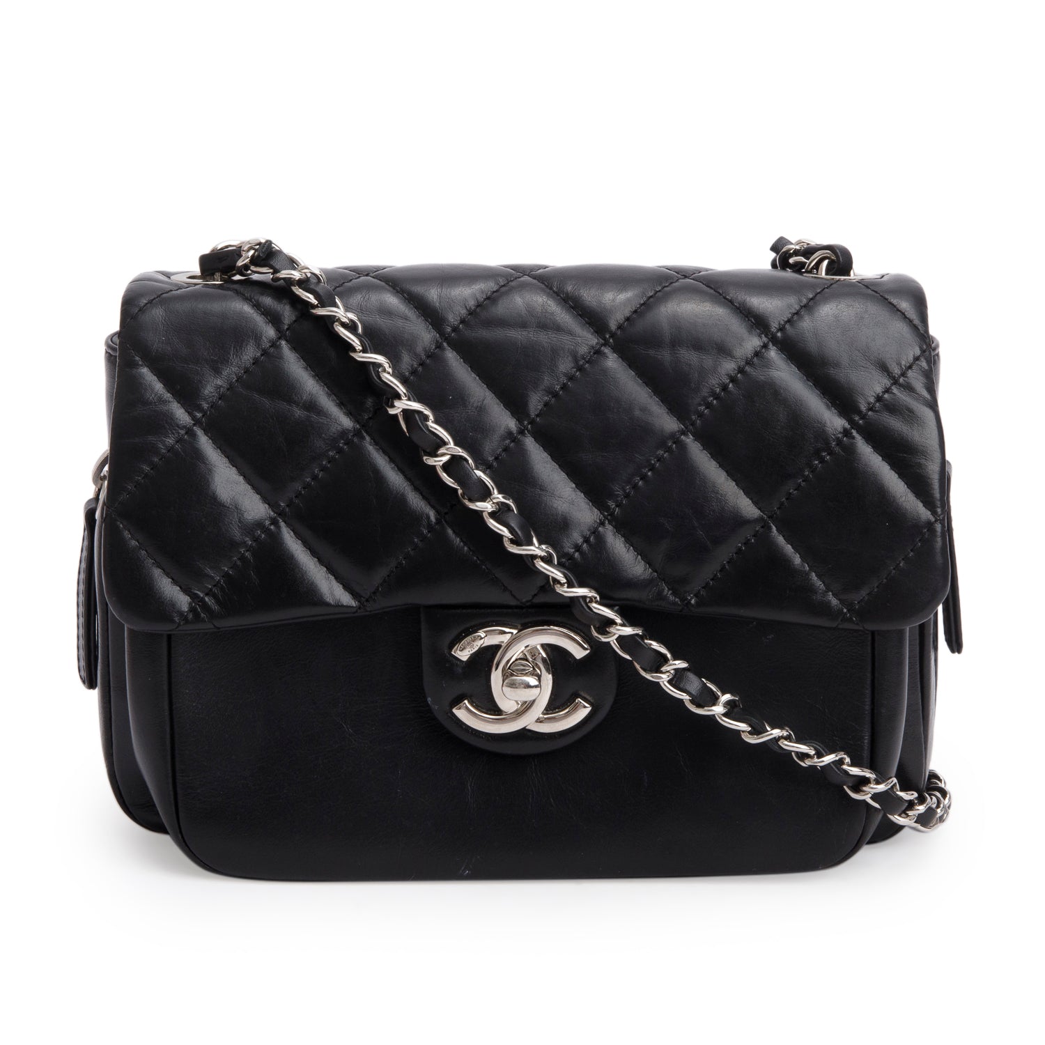 Chanel Black Aged Calfskin Quilted Express Zip Around Flap w/ Authenticity Card
