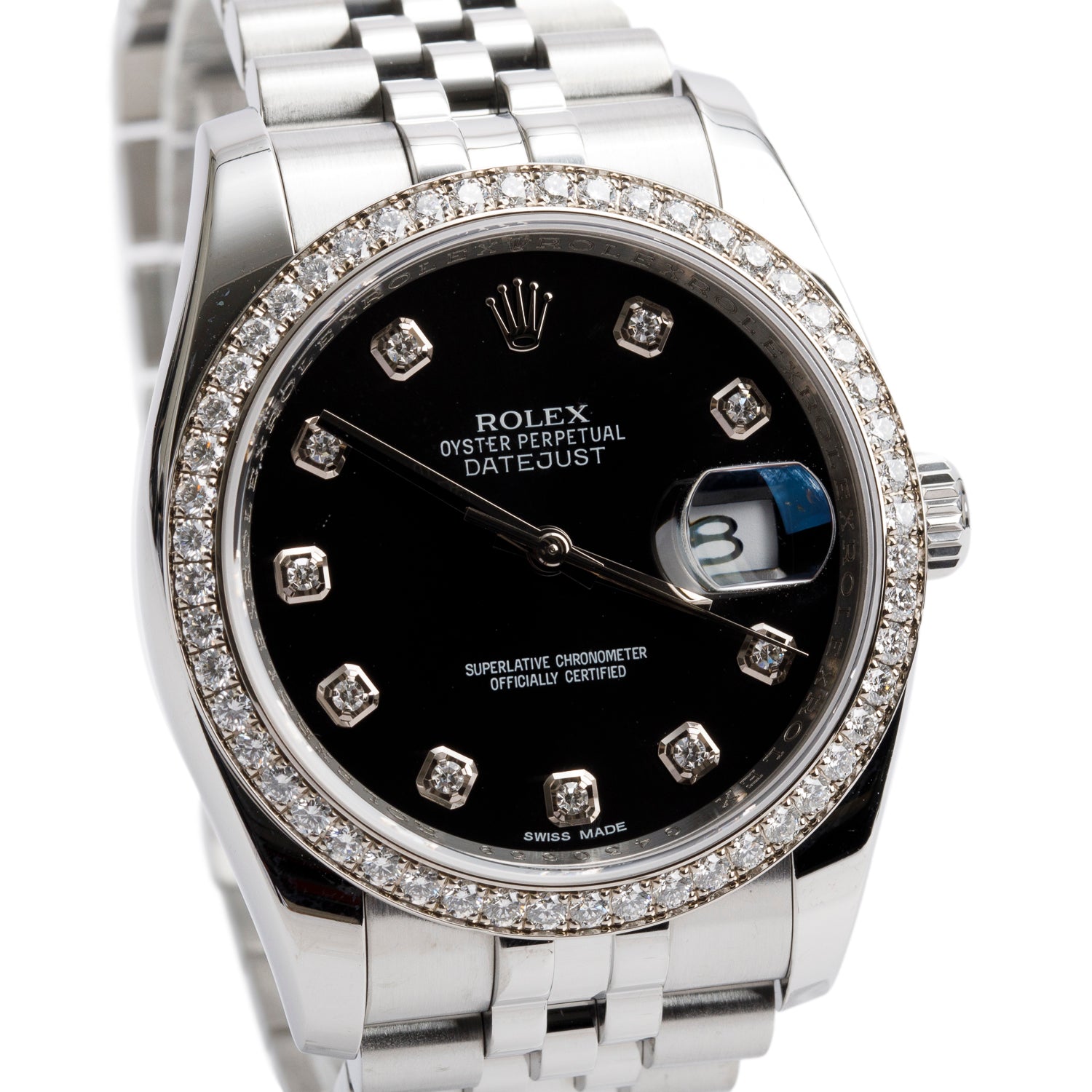 Rolex Stainless Steel Datejust Diamond Bezel 36 MM Datejust Watch Black Diamond Dial 116244