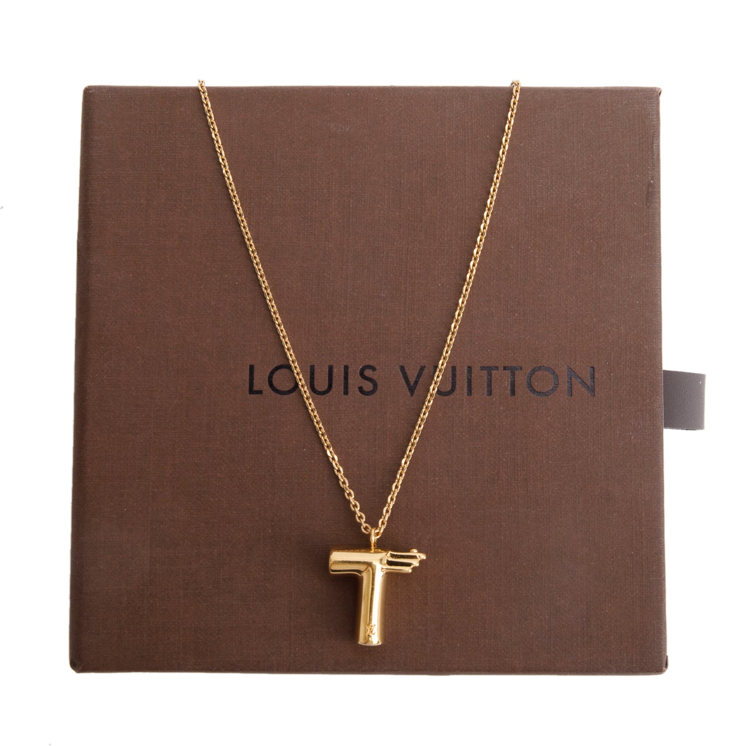 Louis Vuitton Gold Plated LV & Me Letter 'T' Pendant Necklace w/ Box