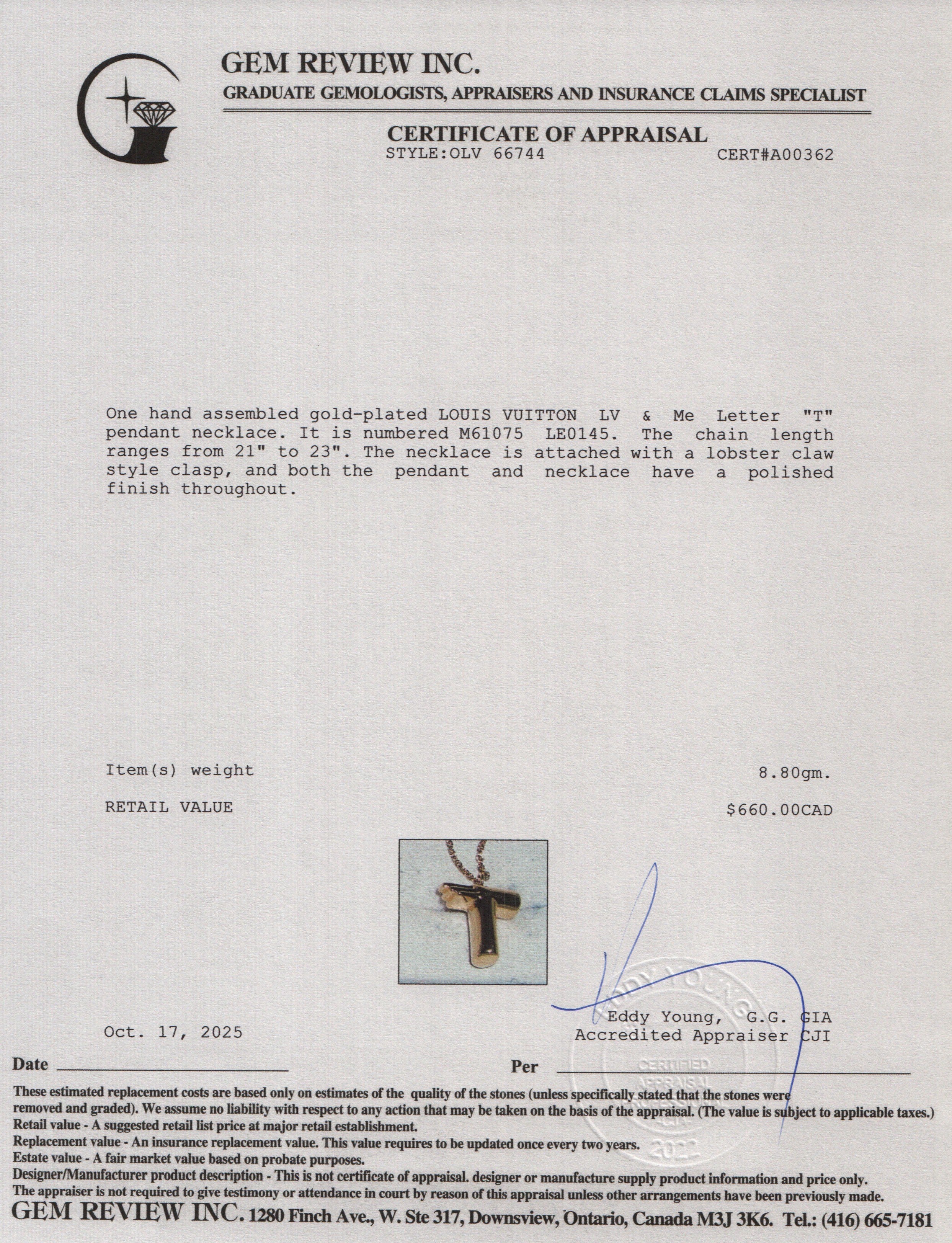 Louis Vuitton Gold Plated LV & Me Letter 'T' Pendant Necklace w/ Box