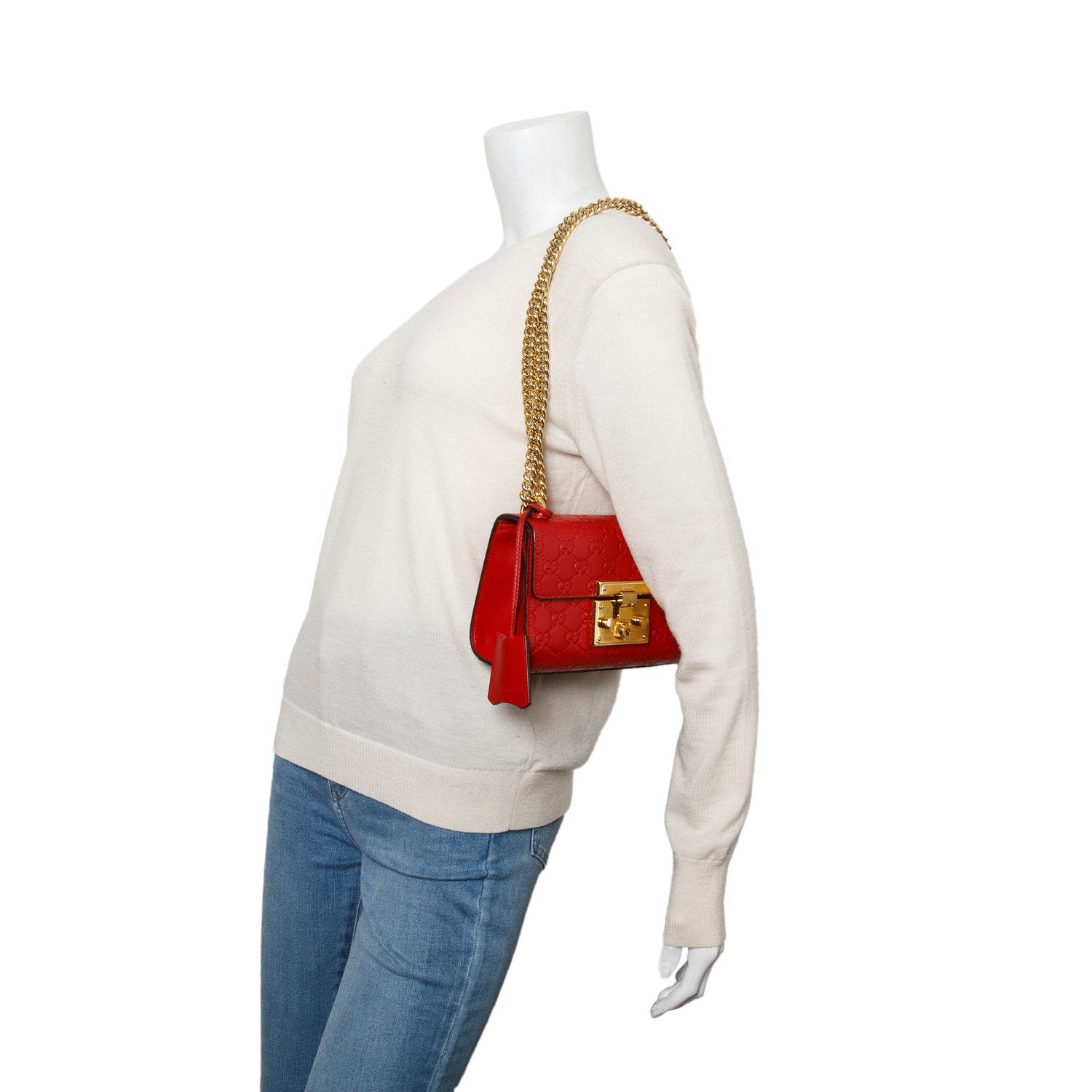 Gucci Red Leather Guccissima Small Padlock Shoulder Bag w/ Box