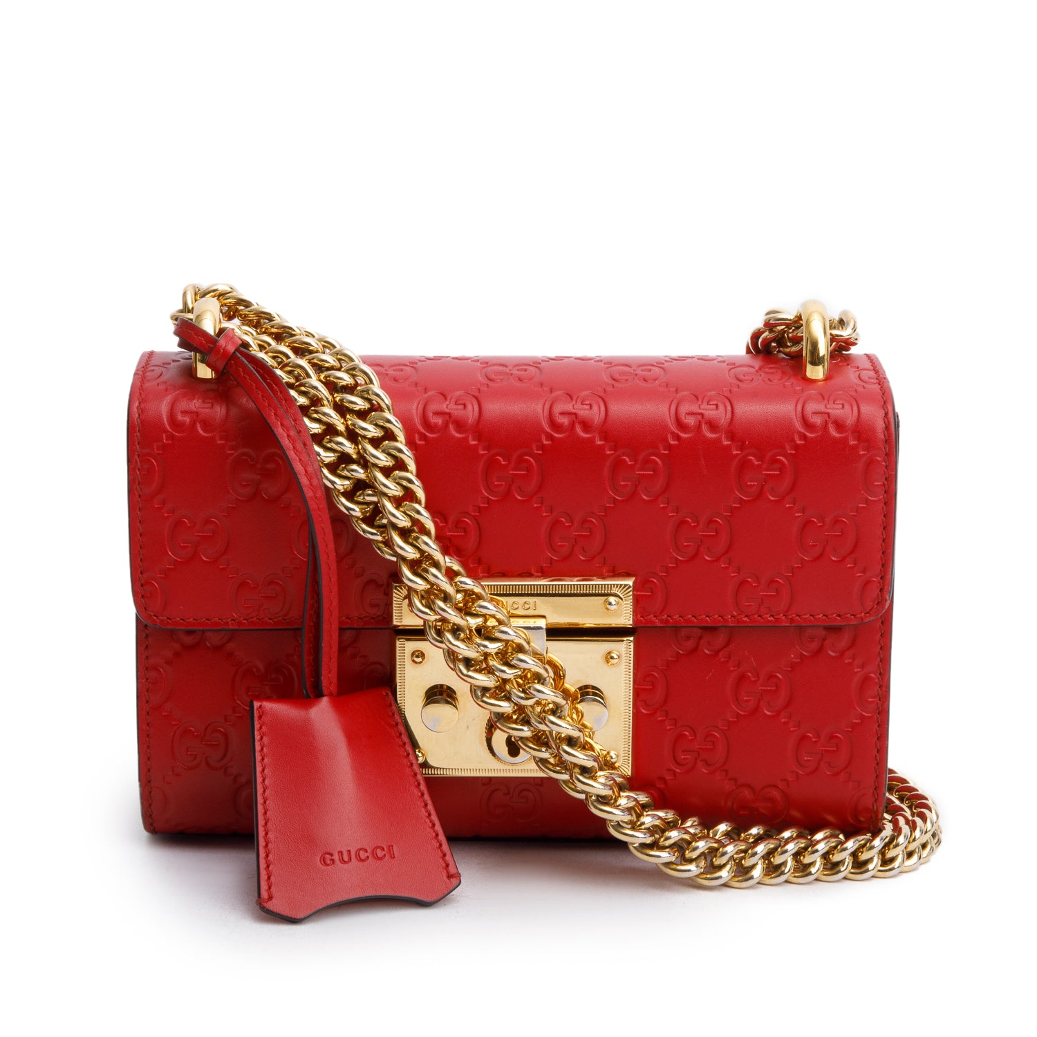 Gucci Red Leather Guccissima Small Padlock Shoulder Bag w/ Box