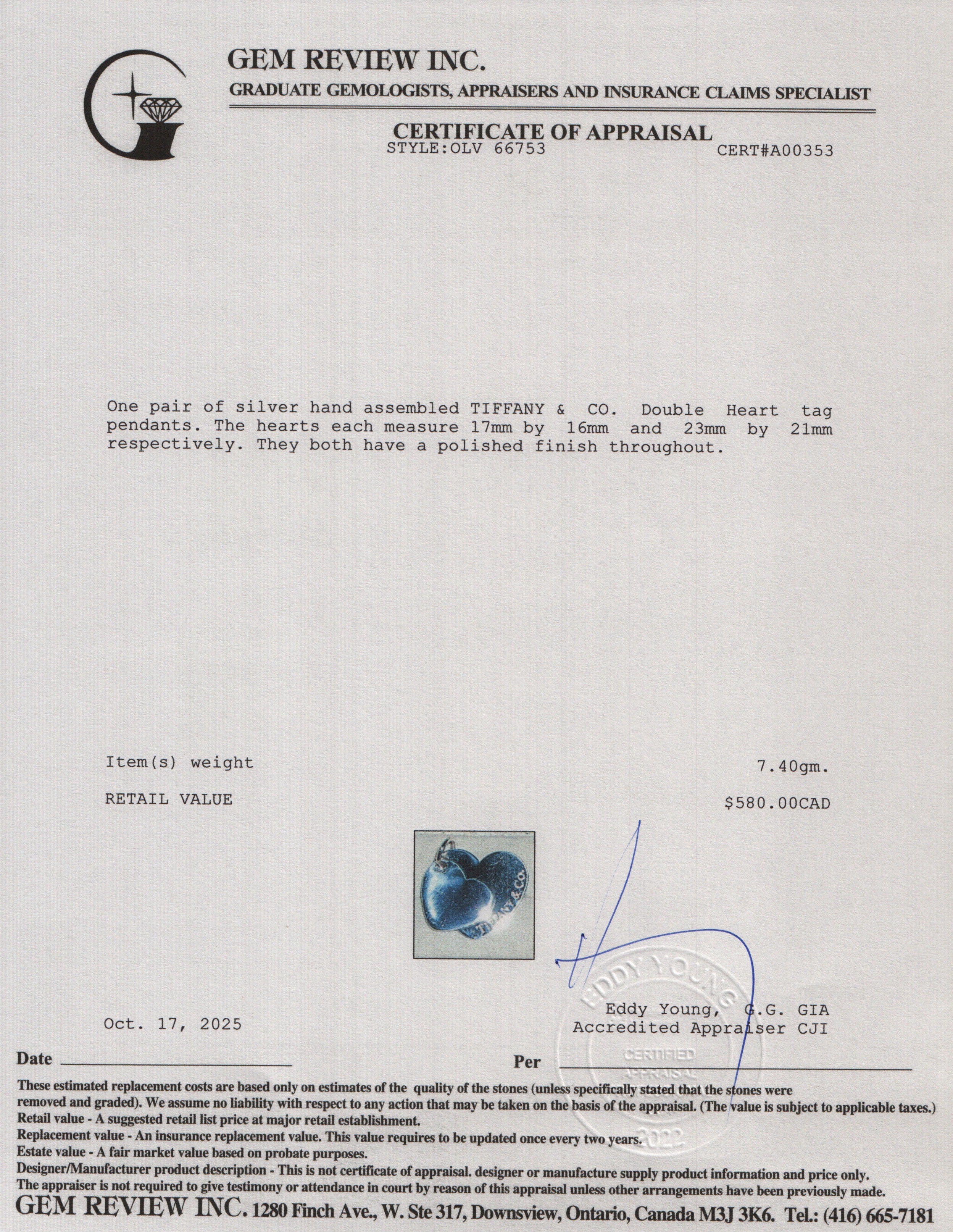 Tiffany & Co. Sterling Silver Double Heart Tag Pendant