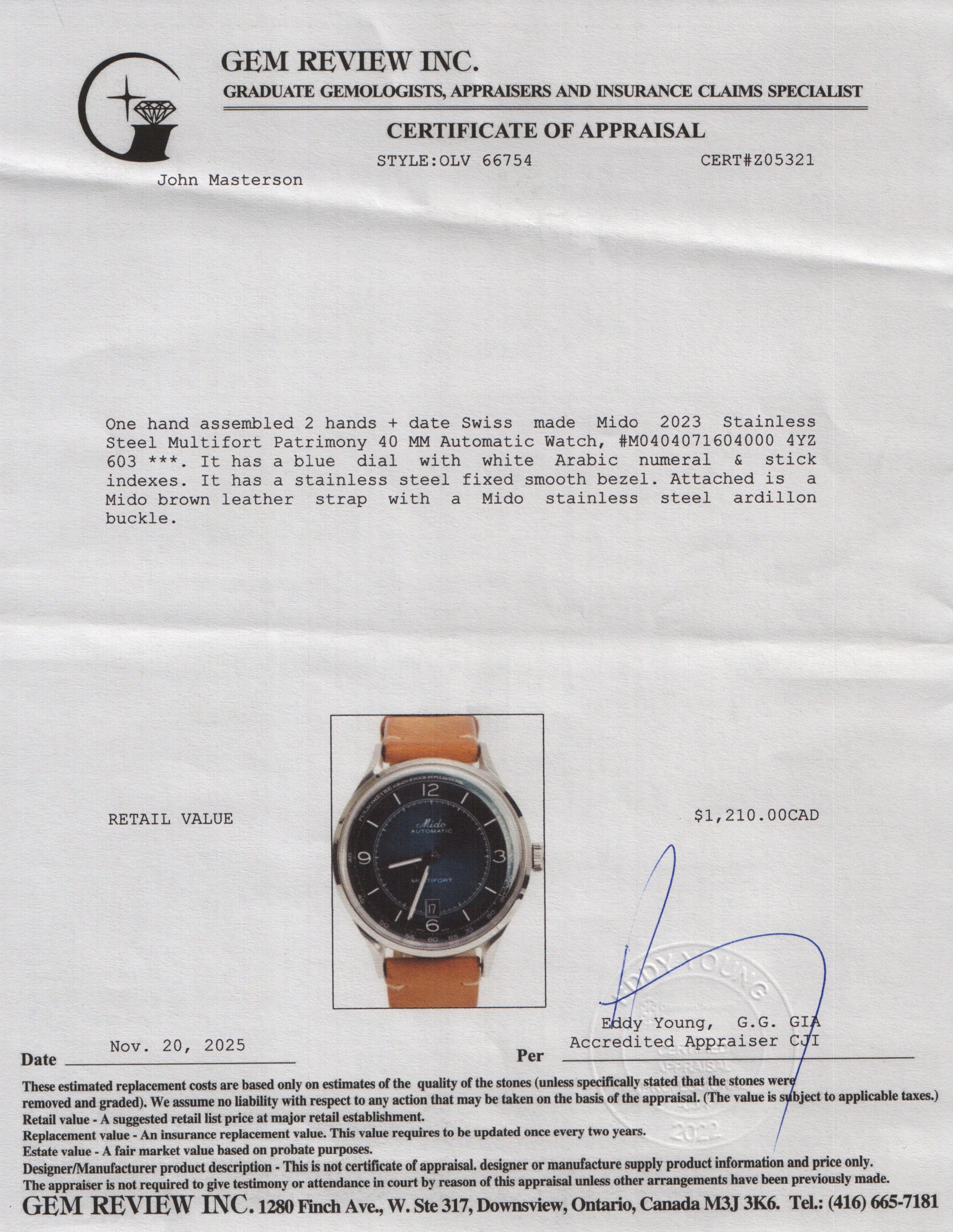 Mido 2023 Stainless Steel Multifort Patrimony 40 MM Automatic Watch Blue Dial w/ Box & Papers
