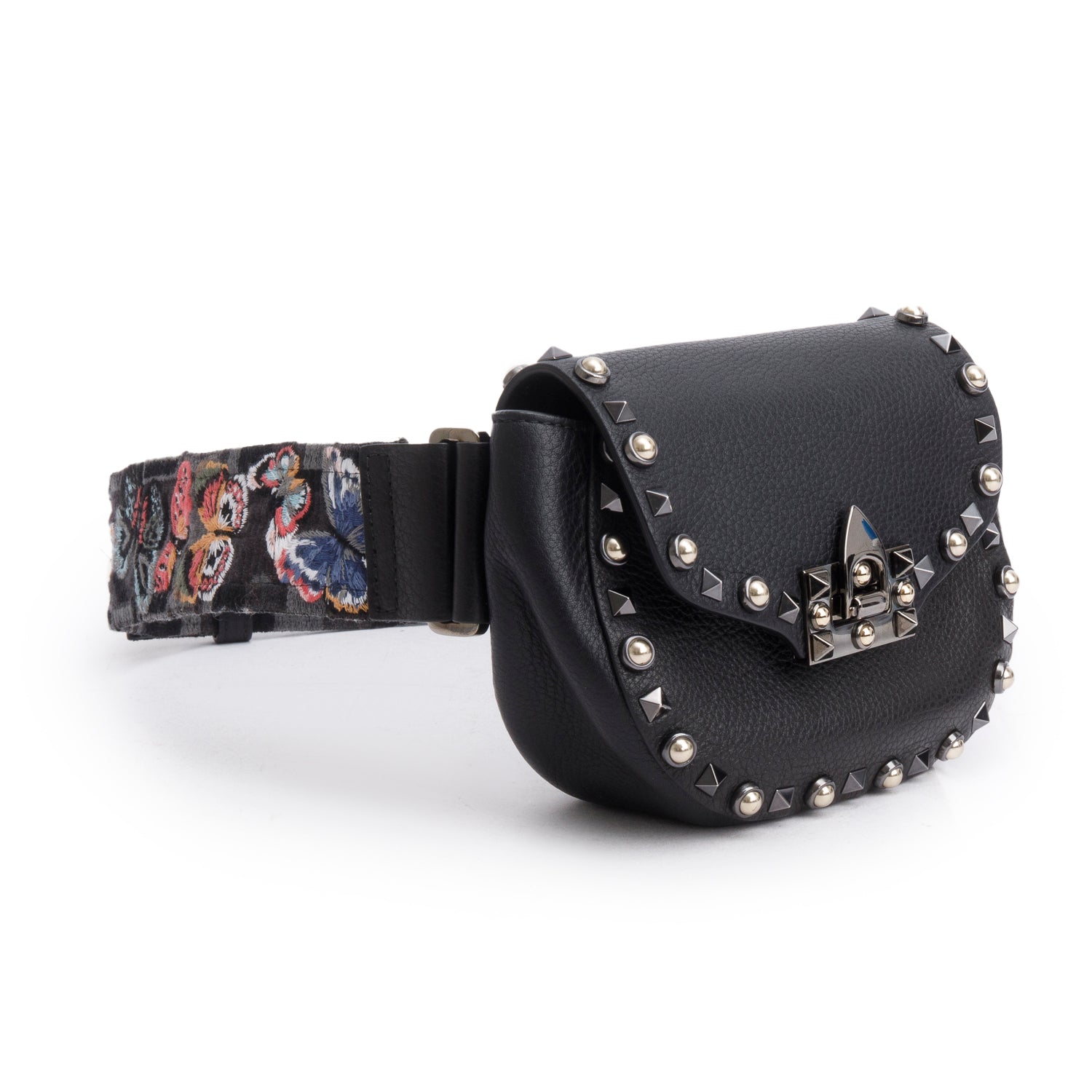 Valentino Black Leather Guitar Strap Rockstud Rolling Belt Bag