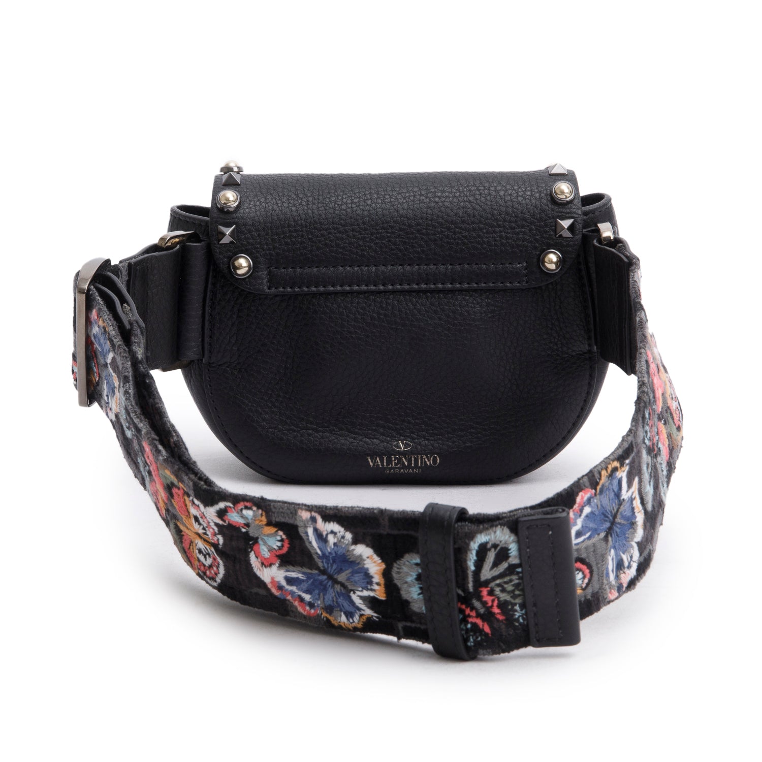 Valentino Black Leather Guitar Strap Rockstud Rolling Belt Bag