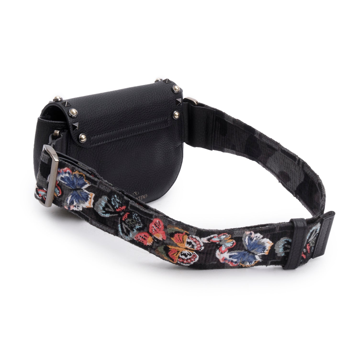 Valentino Black Leather Guitar Strap Rockstud Rolling Belt Bag