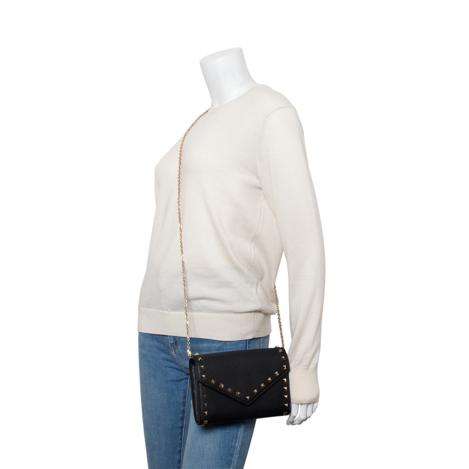 Valentino Black Pebbled Leather Calfskin Rockstud Envelope Wallet on Chain