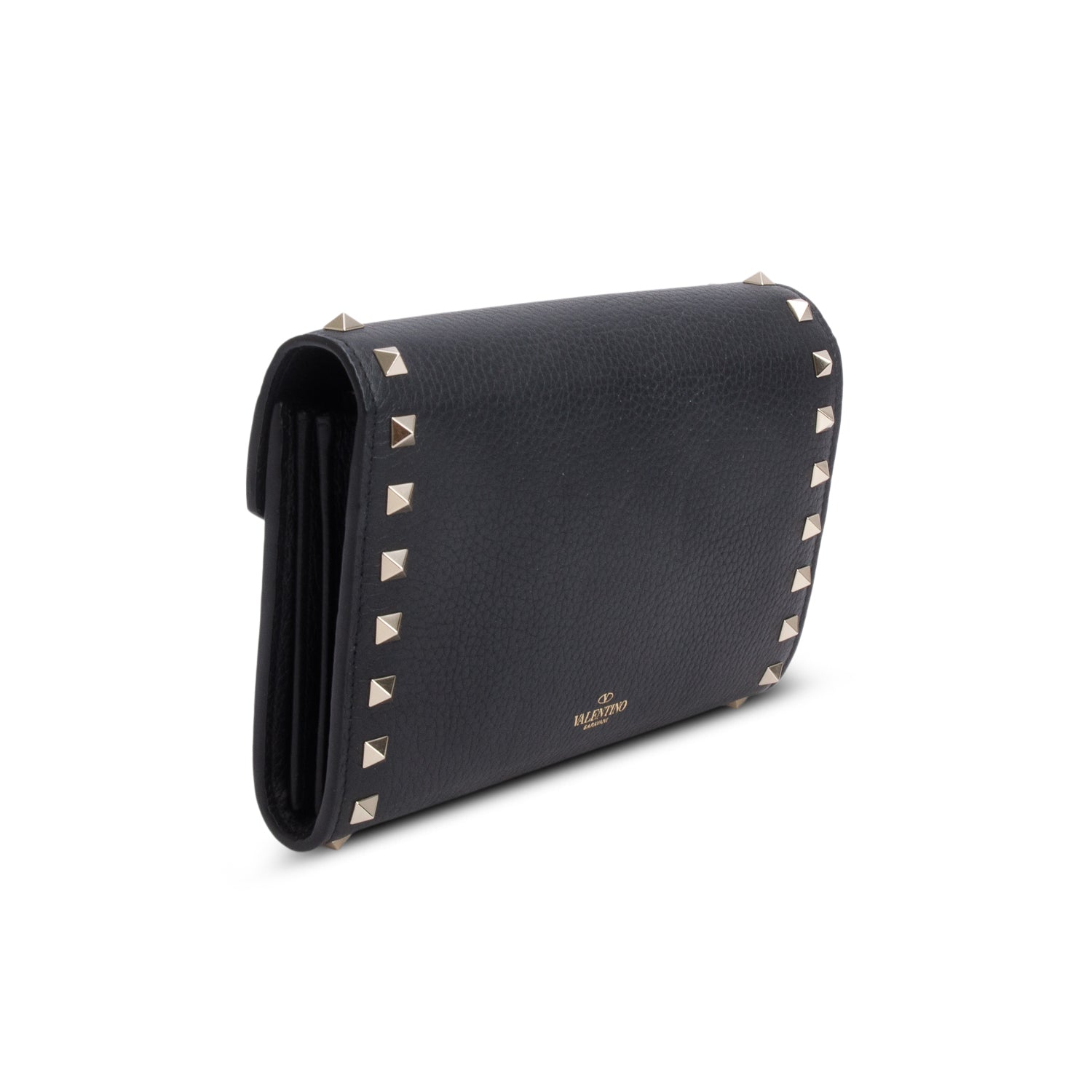 Valentino Black Pebbled Leather Calfskin Rockstud Envelope Wallet on Chain
