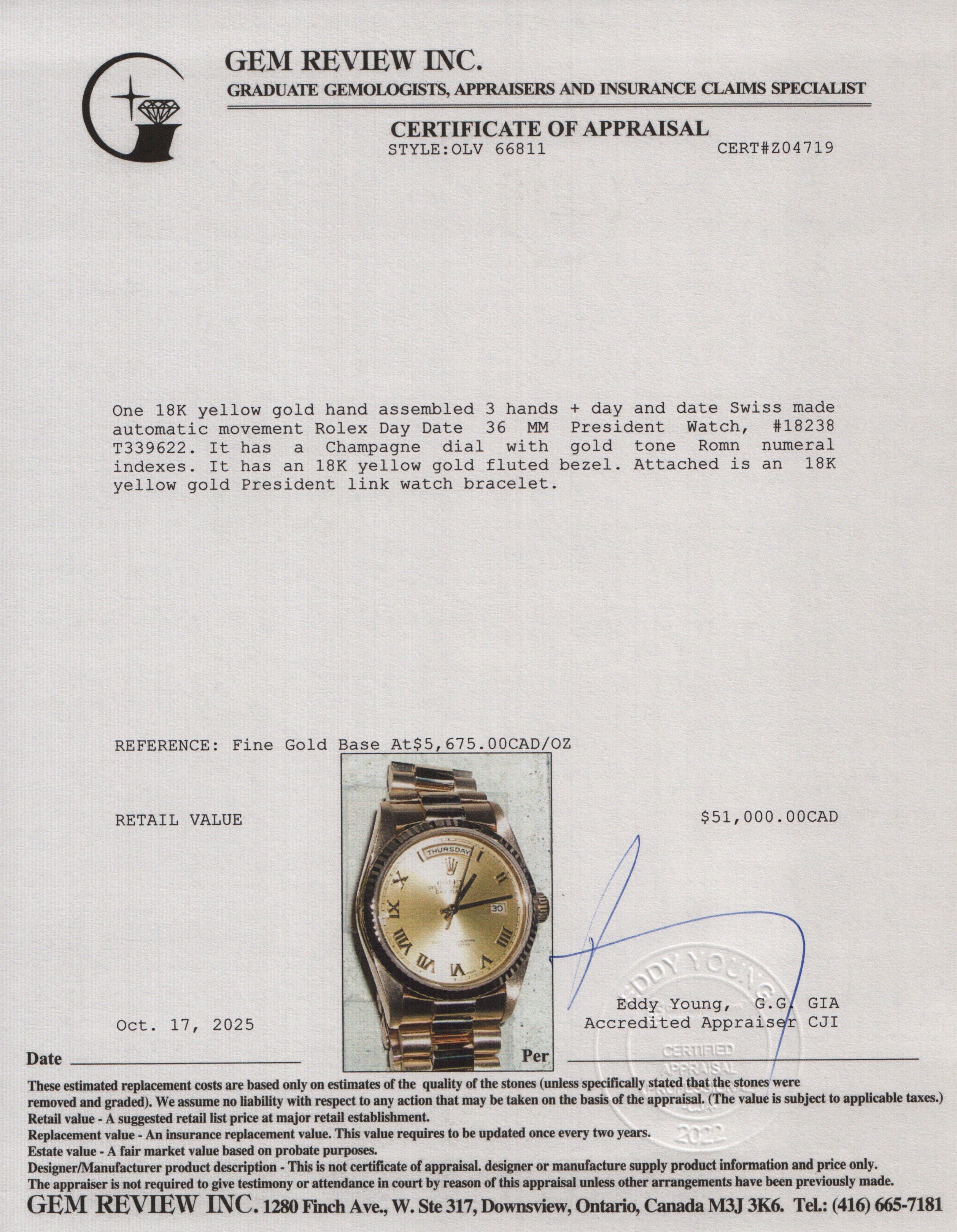 Rolex 18k Yellow Gold Day Date 36 MM President Watch Champagne Roman Dial 18238 w/ Box & Papers