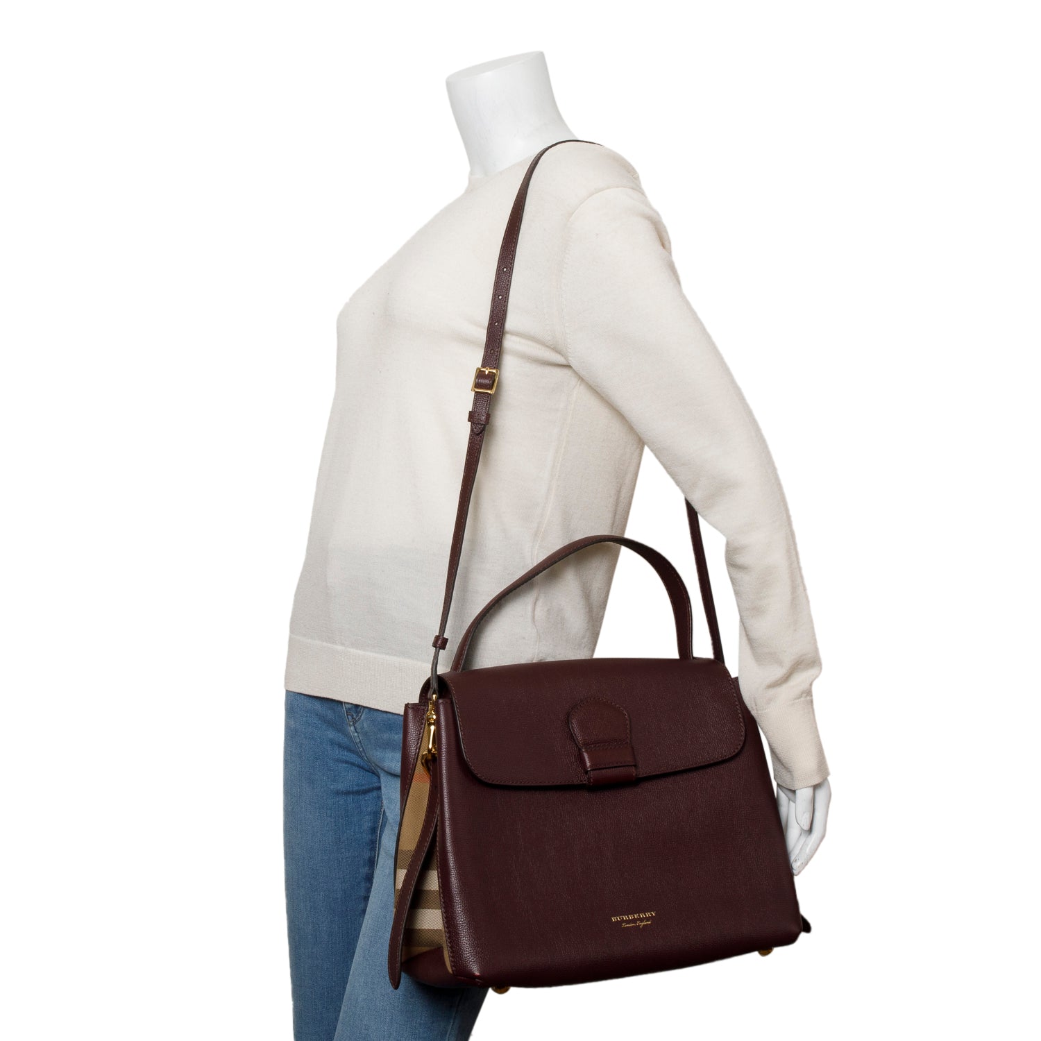 Burberry Burgundy Derby Calfskin House Check Medium Camberley Bag w/ Strap