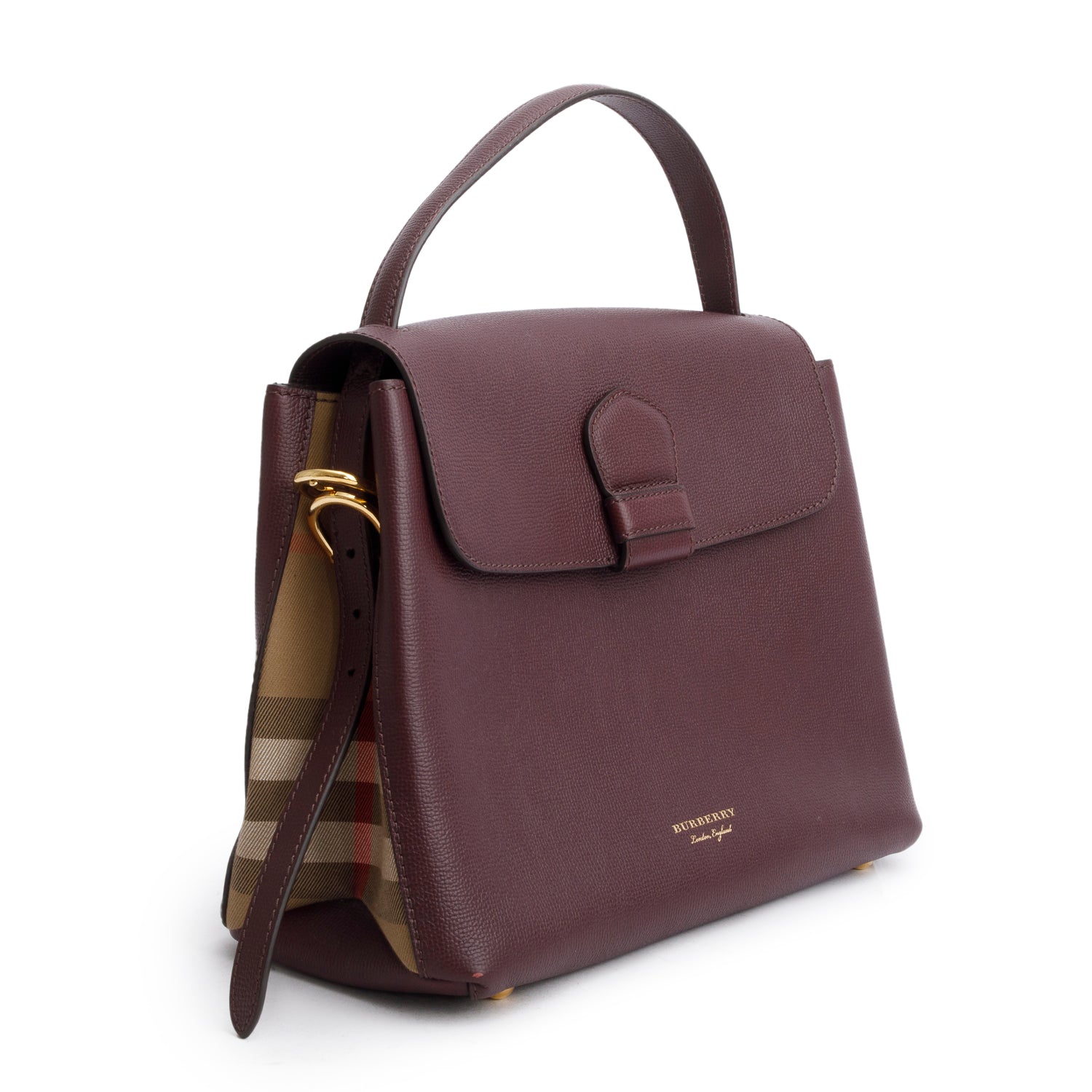 Burberry Burgundy Derby Calfskin House Check Medium Camberley Bag w/ Strap