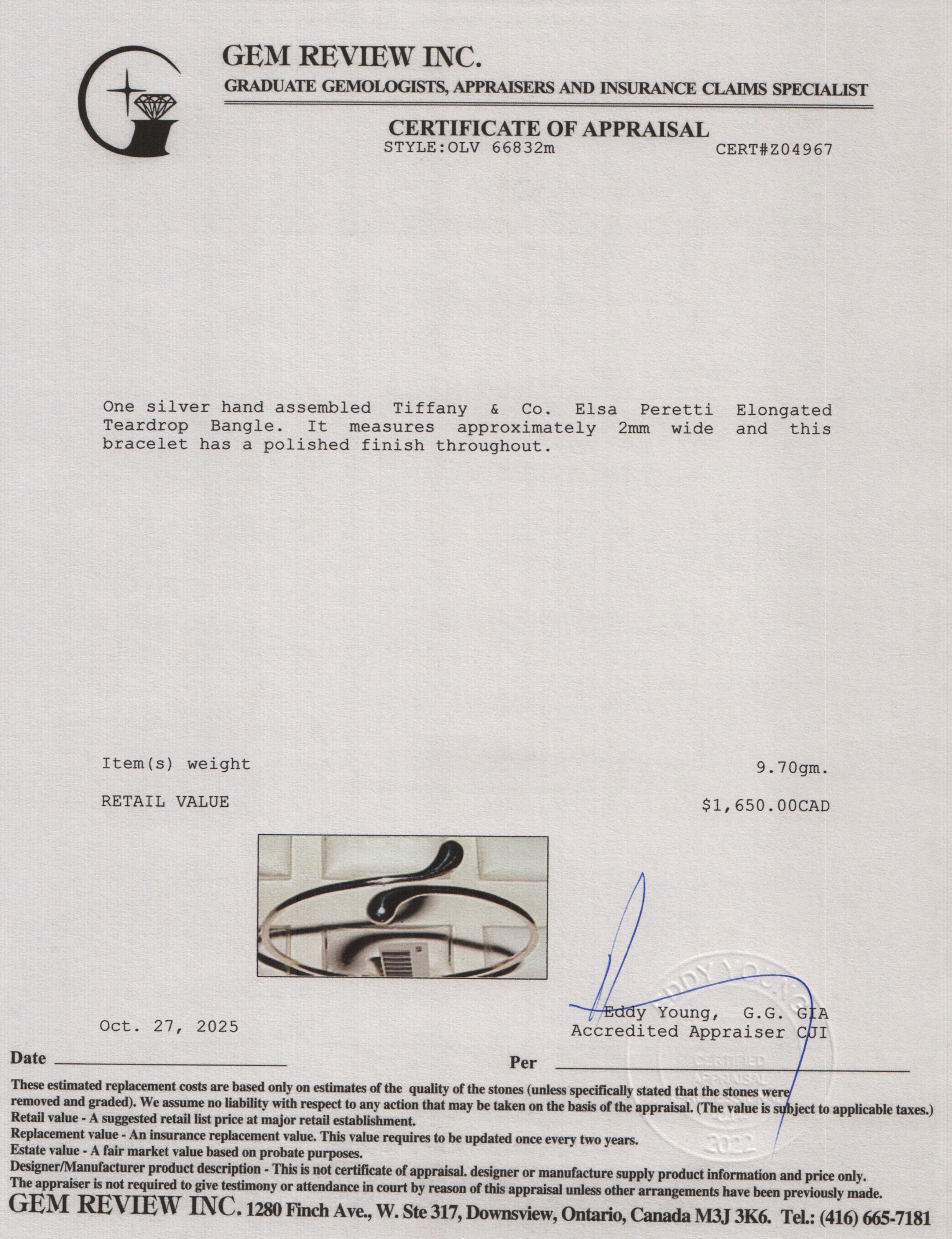 Tiffany & Co. Elsa Peretti Sterling Silver Elongated Teardrop Bangle