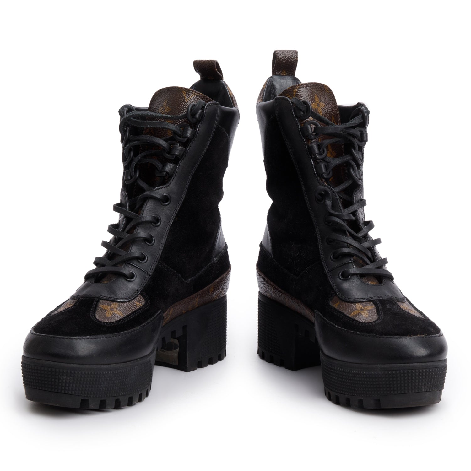 Louis Vuitton 2021 Black Leather/Suede Monogram Trim Laurette Platform Desert Ankle Boots, Size 38