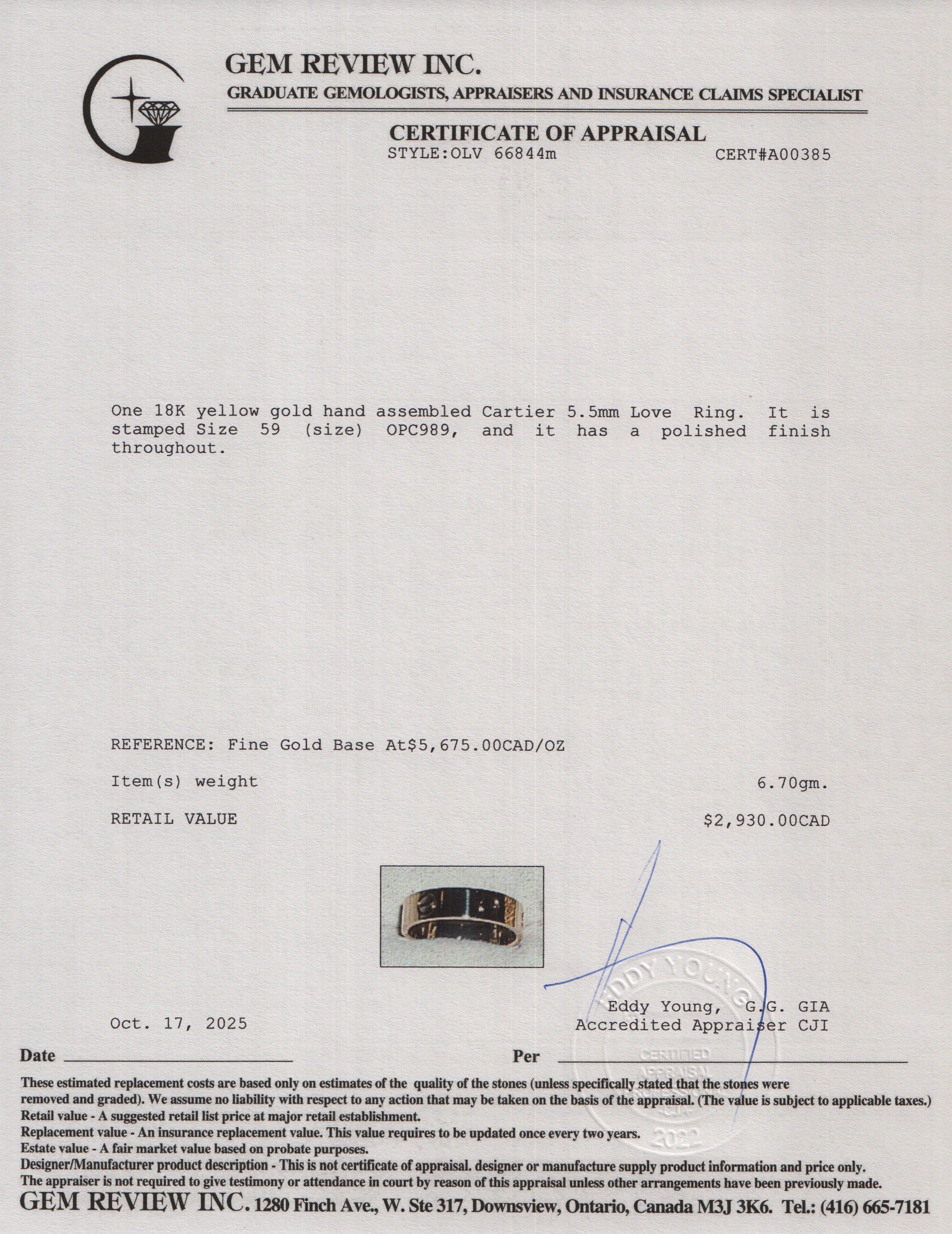 Cartier 2022 18k Yellow Gold 5.5 MM Love Ring, Classic Model, Size 59 8.75 w/ Box, Receipt & Certificate