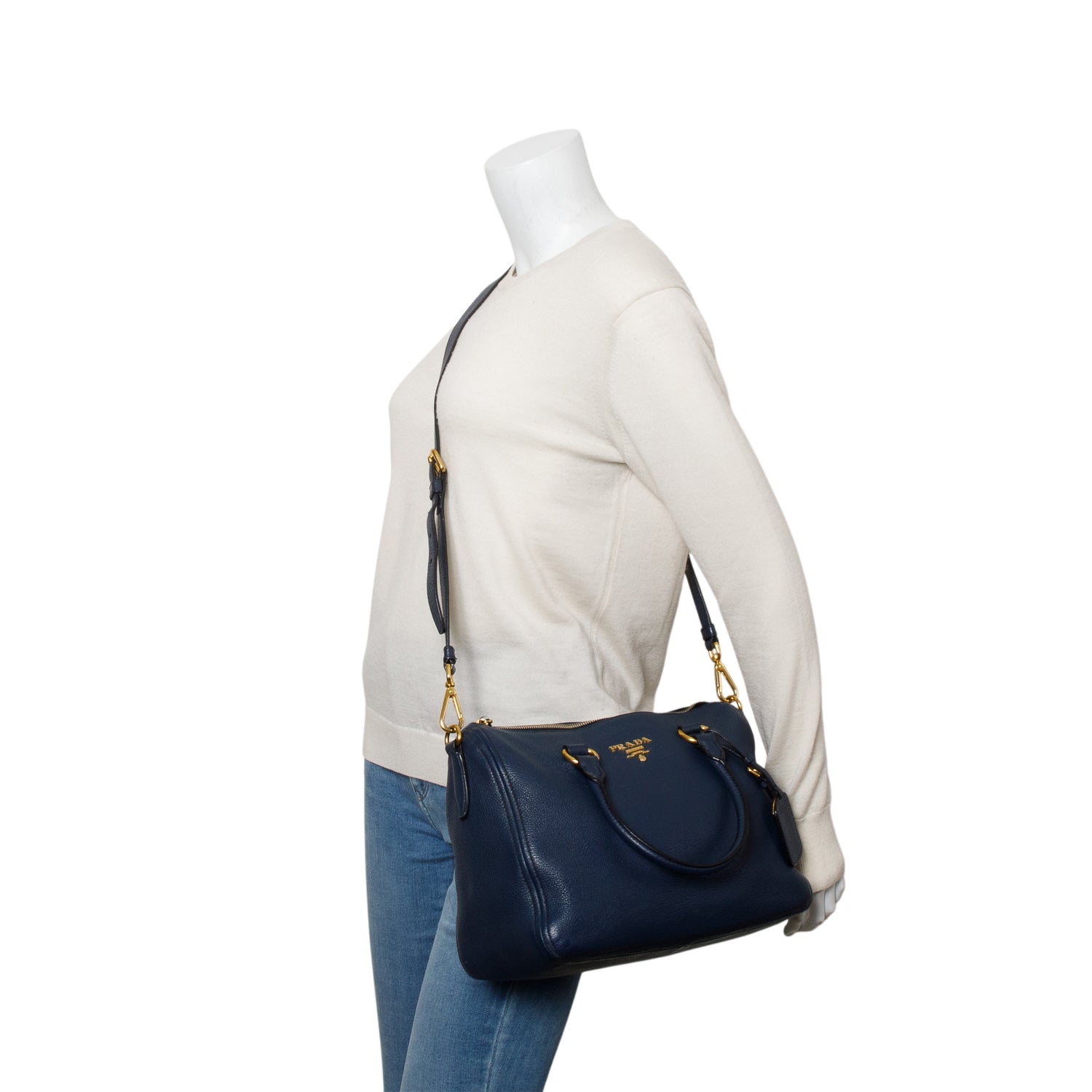 Prada Blue Vitello Daino Two-Way Tote w/ Strap