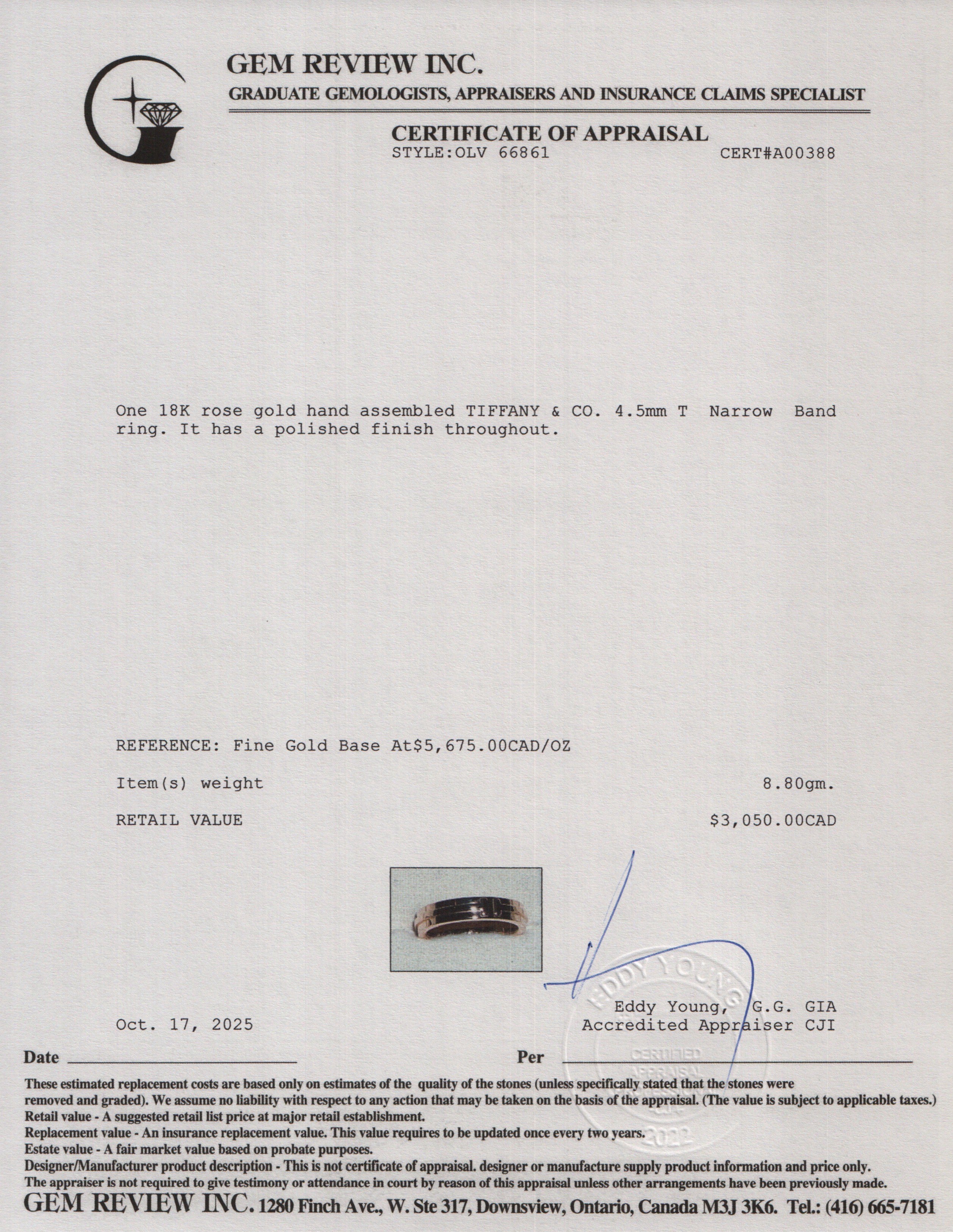 Tiffany & Co. 18k Rose Gold 4.5 MM T Narrow Band Ring, Size 8.5