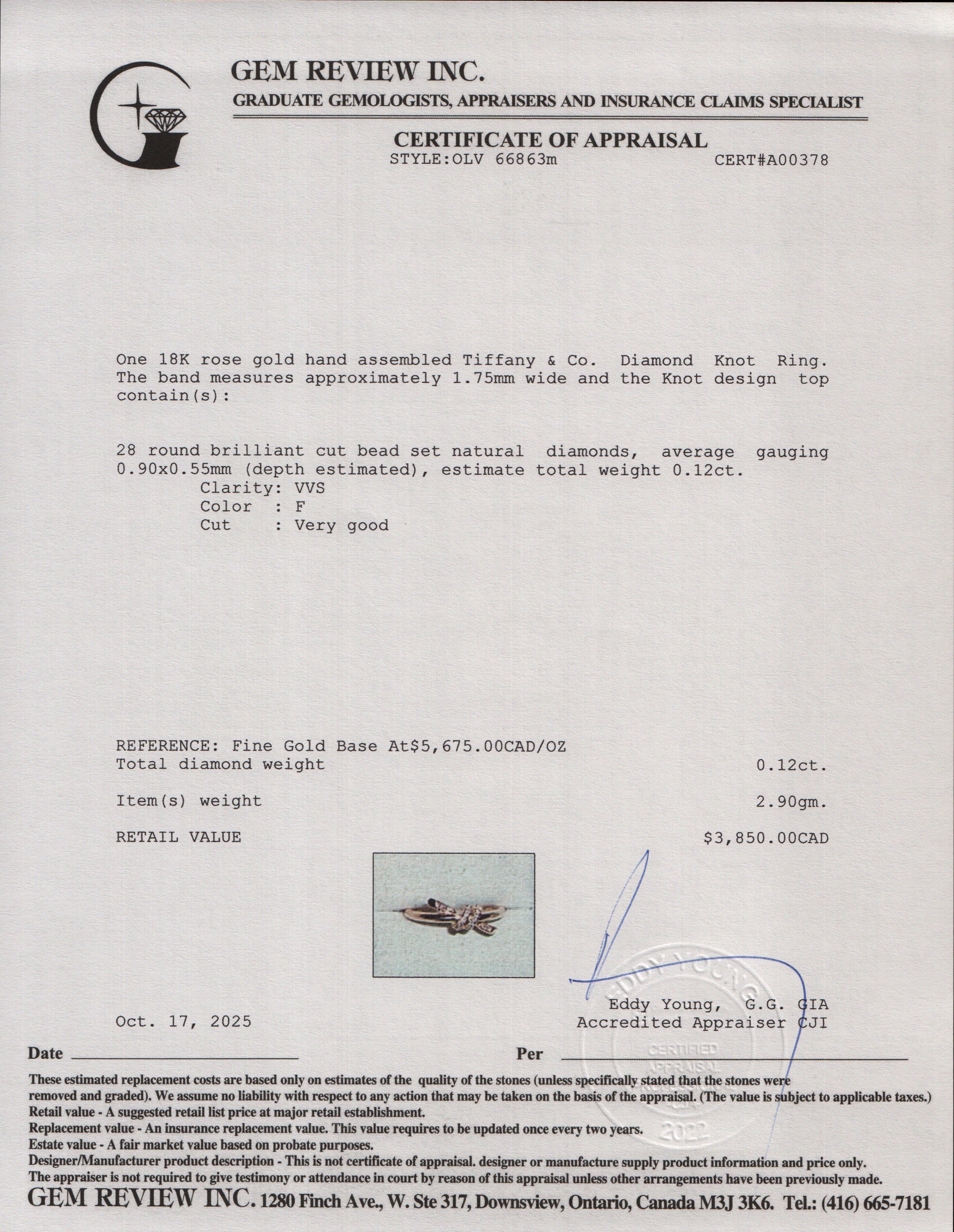 Tiffany & Co. 18k Rose Gold Diamond Knot Ring, Size 4 w/ Box