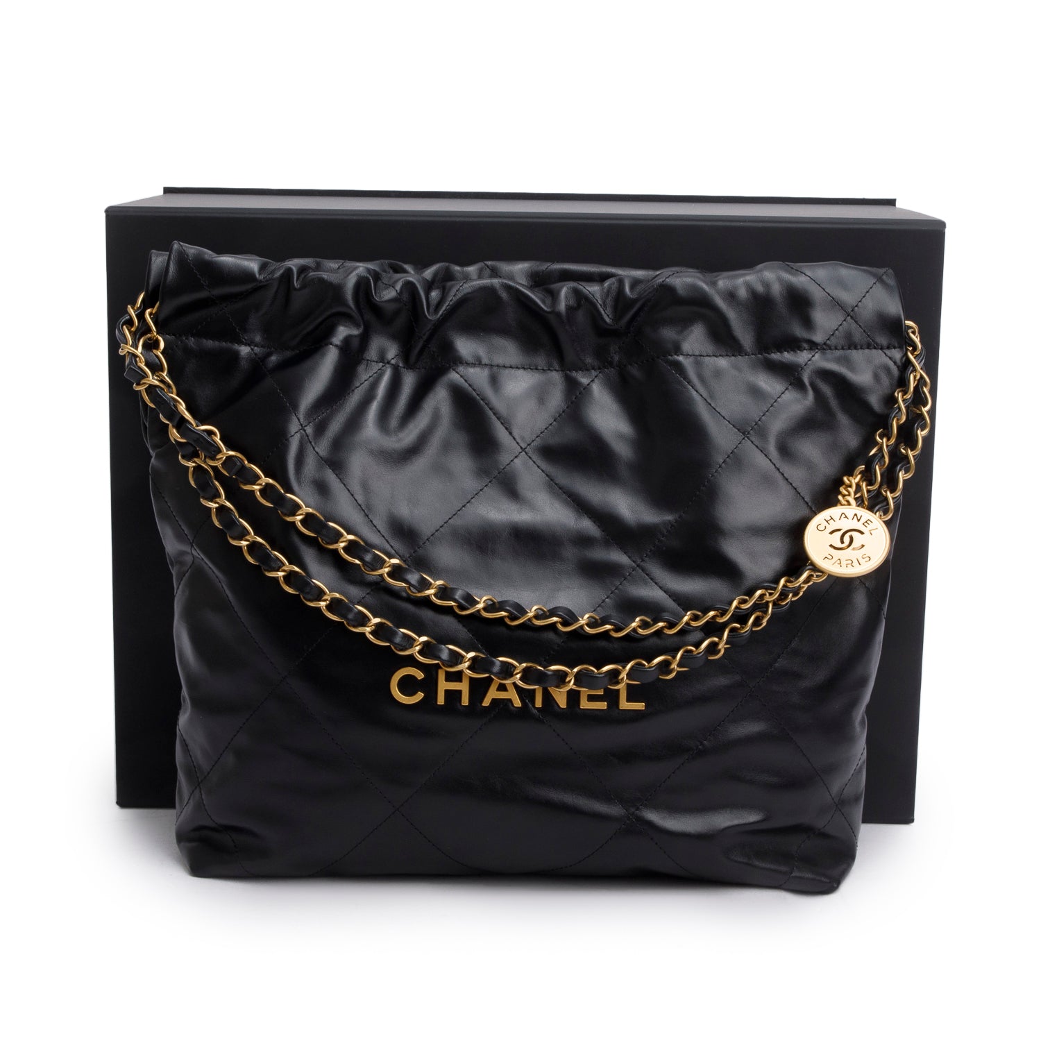 Chanel Black Shiny Calfskin Quilted Small 22 Hobo w/ Pouch & Box