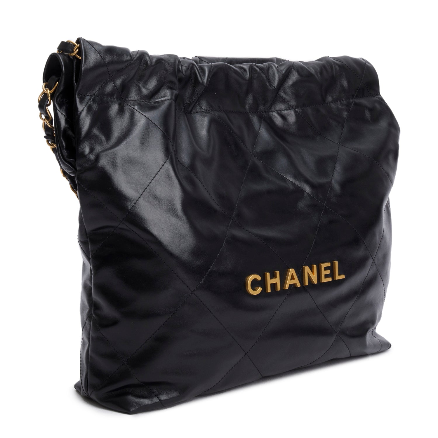 Chanel Black Shiny Calfskin Quilted Small 22 Hobo w/ Pouch & Box