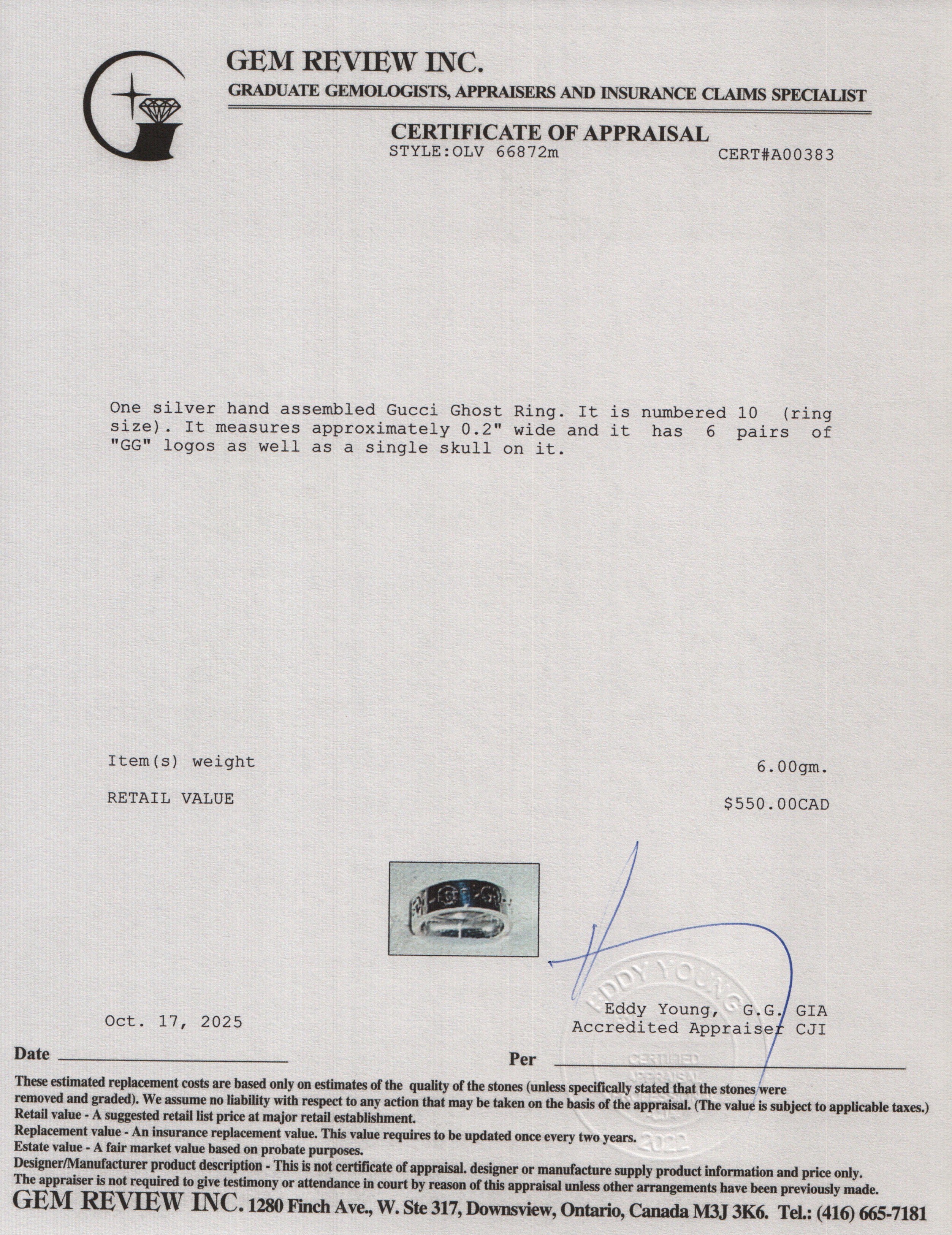 Gucci Sterling Silver Ghost Ring, Size 10 5