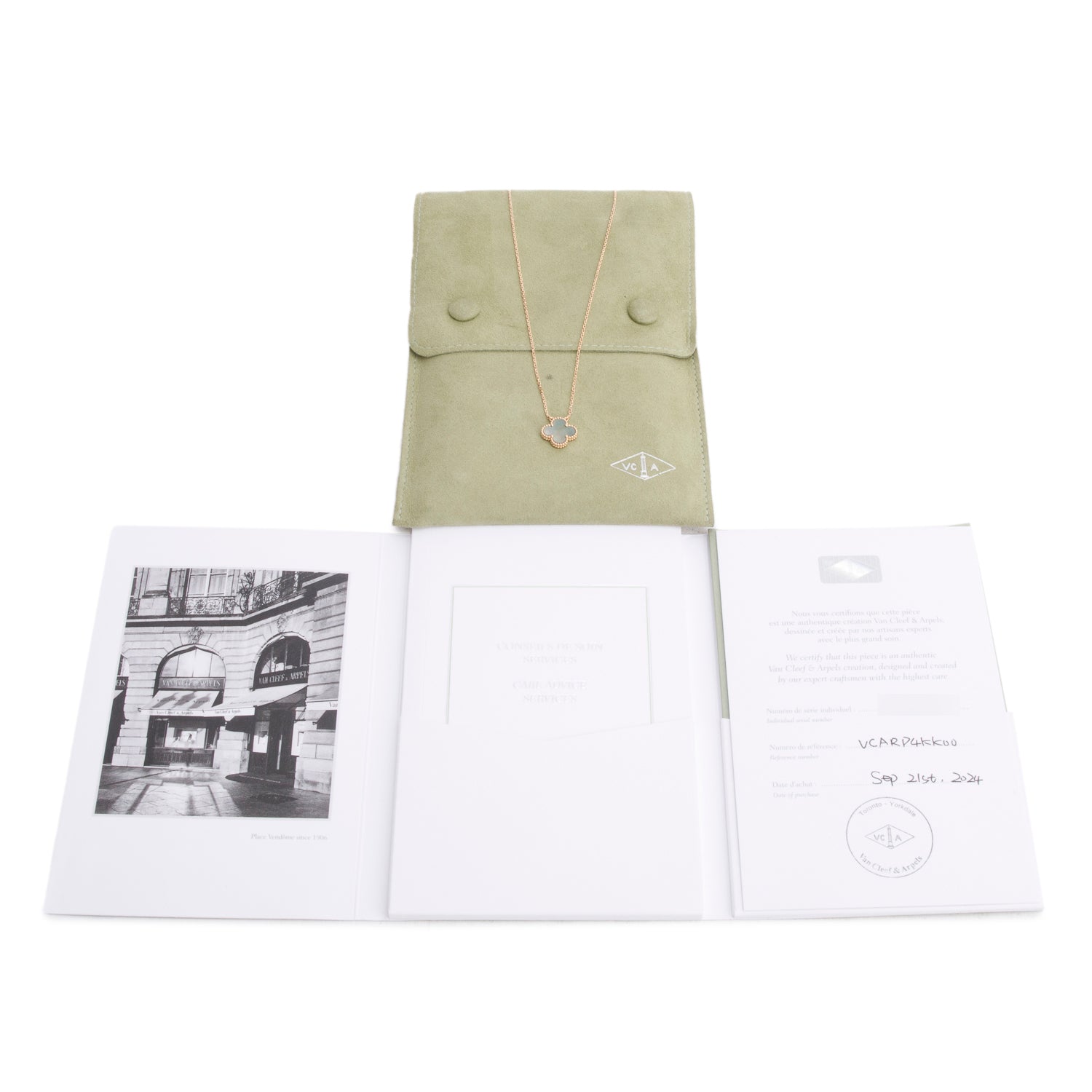 Van Cleef & Arpels 2024 18k Rose Gold Grey Mother of Pearl Vintage Alhambra Pendant Necklace w/ Pouch & Certificate