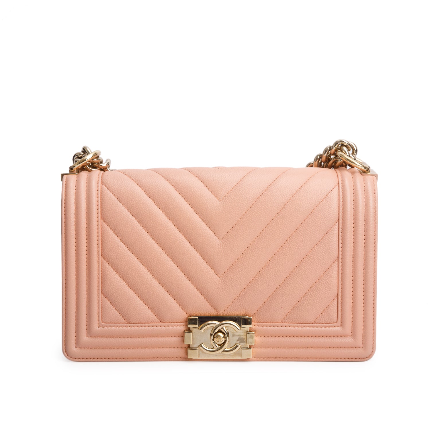 Chanel Peach Caviar Chevron Quilted Medium Boy Bag