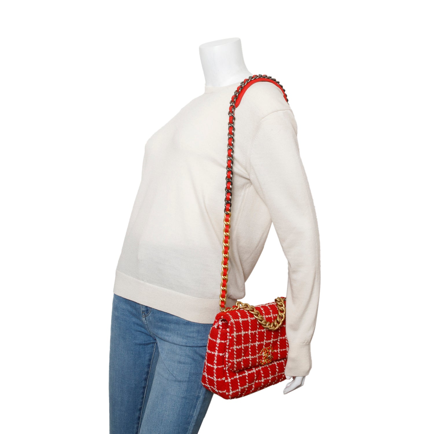 Chanel Red Tweed Quilted Medium Chanel 19 Flap