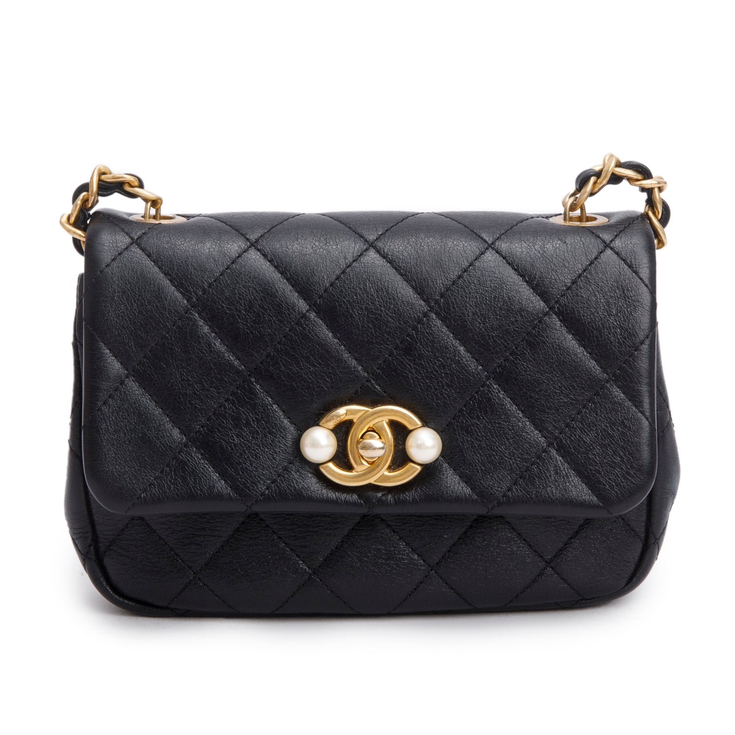 Chanel Black Calfskin Quilted Mini Pearl Side Flap Bag